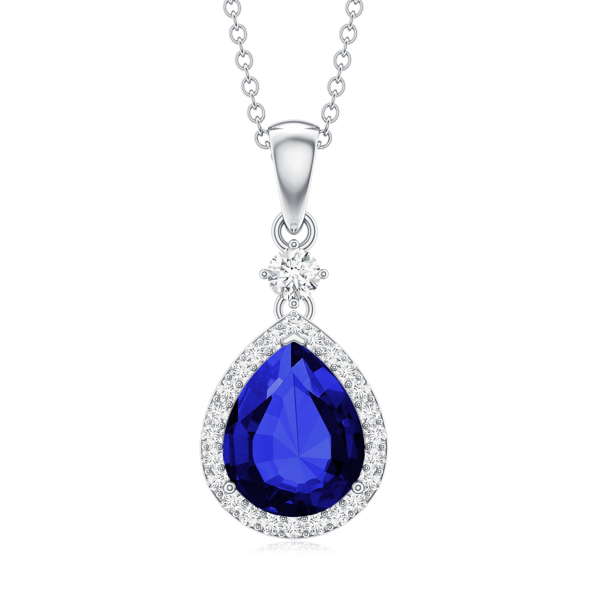 Certified 3.3 Carat Lab Grown Blue Sapphire Teardrop Pendant Necklace with Diamond AAAA 92.5 Sterling Silver - Rosec Jewels
