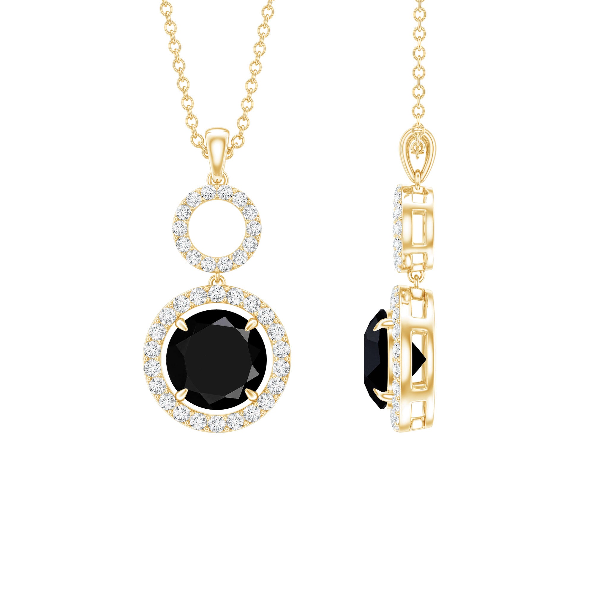 Natural 2 CT Round Black Onyx Necklace with Diamond Halo AAA 14K Yellow Gold Plated Silver - Rosec Jewels