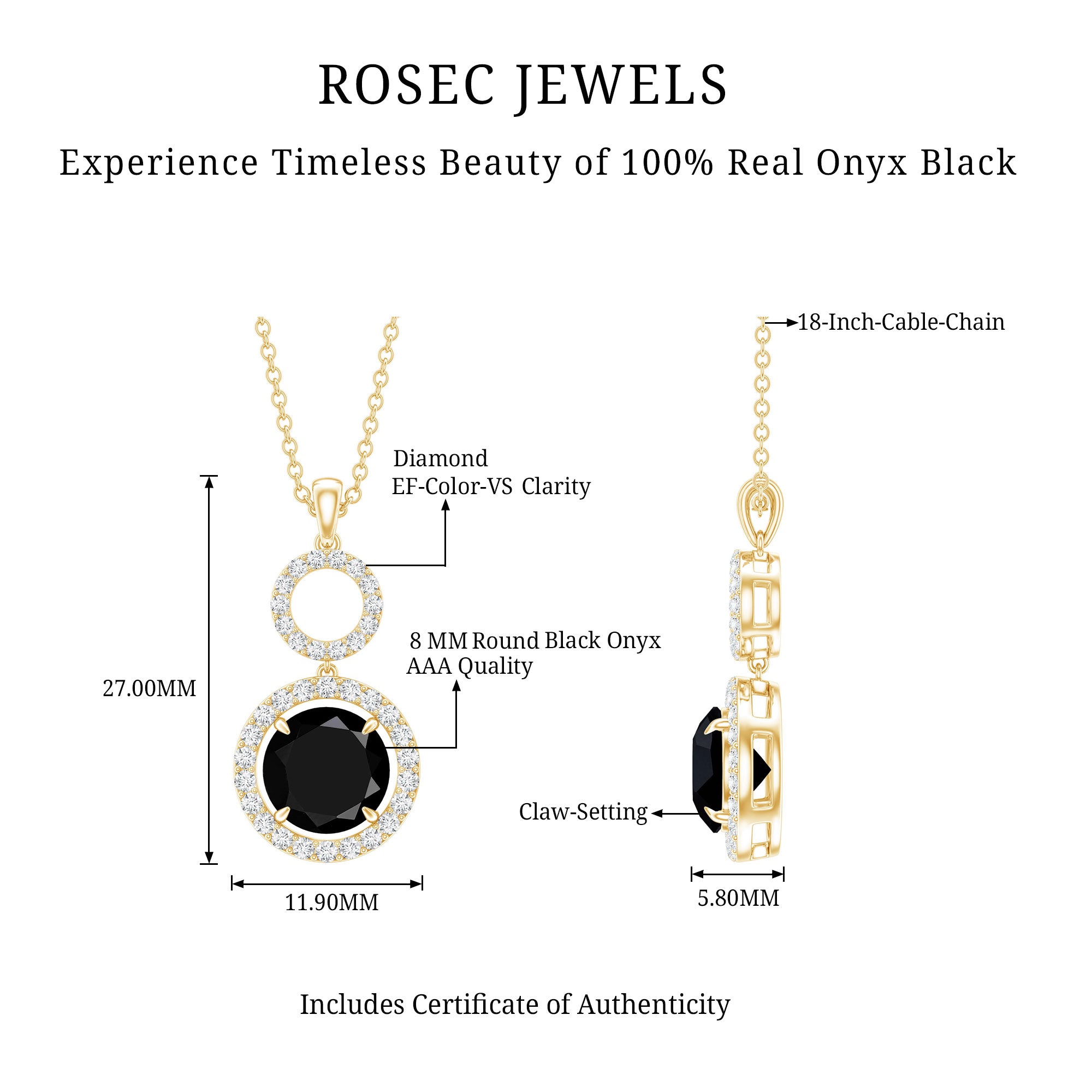 Natural 2 CT Round Black Onyx Necklace with Diamond Halo AAA 14K Yellow Gold Plated Silver - Rosec Jewels