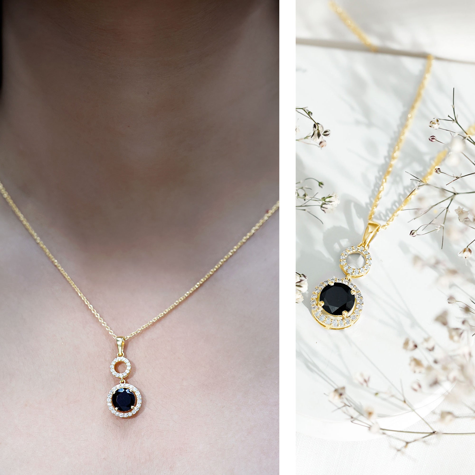 Natural 2 CT Round Black Onyx Necklace with Diamond Halo AAA 14K Yellow Gold Plated Silver - Rosec Jewels