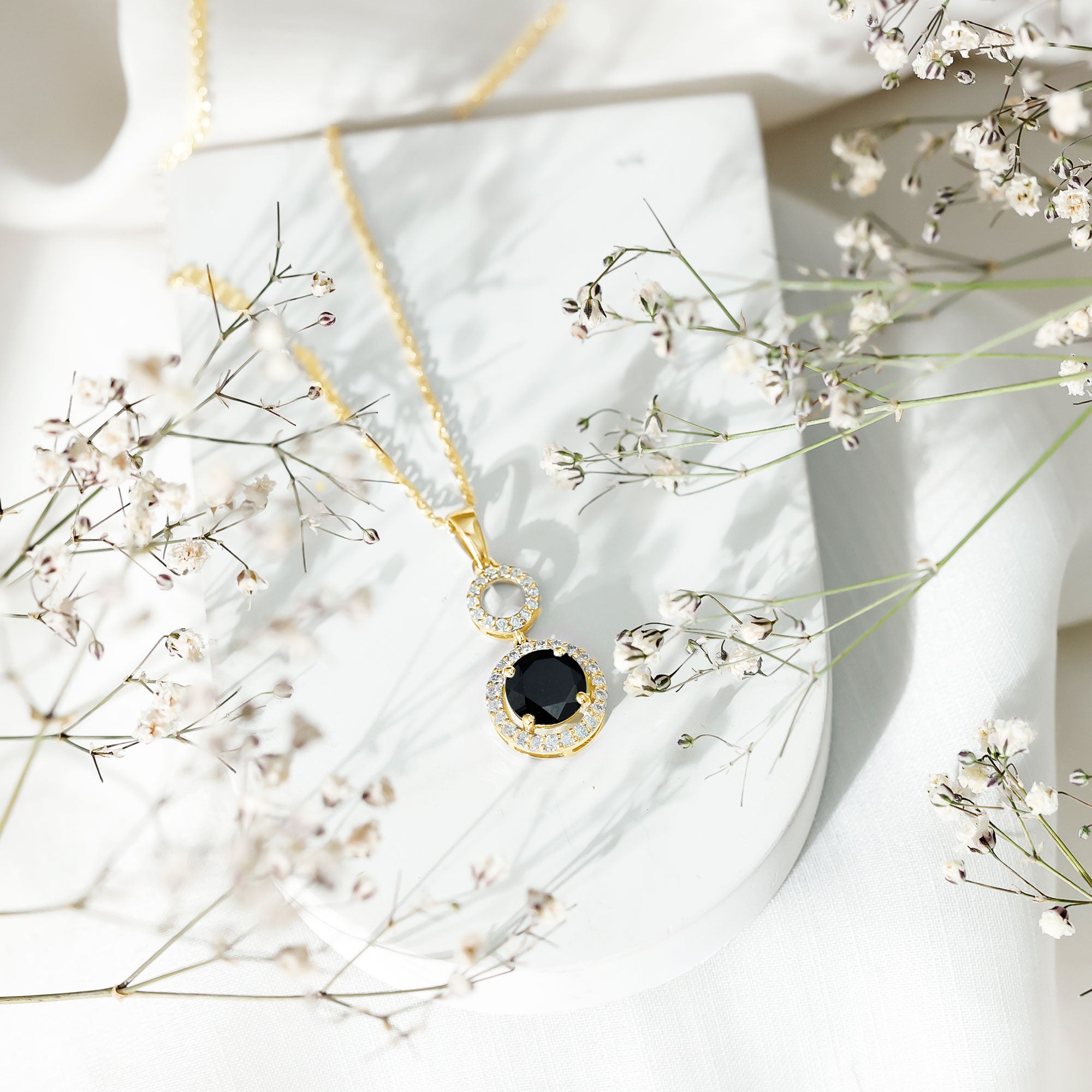 Natural 2 CT Round Black Onyx Necklace with Diamond Halo AAA 14K Yellow Gold Plated Silver - Rosec Jewels