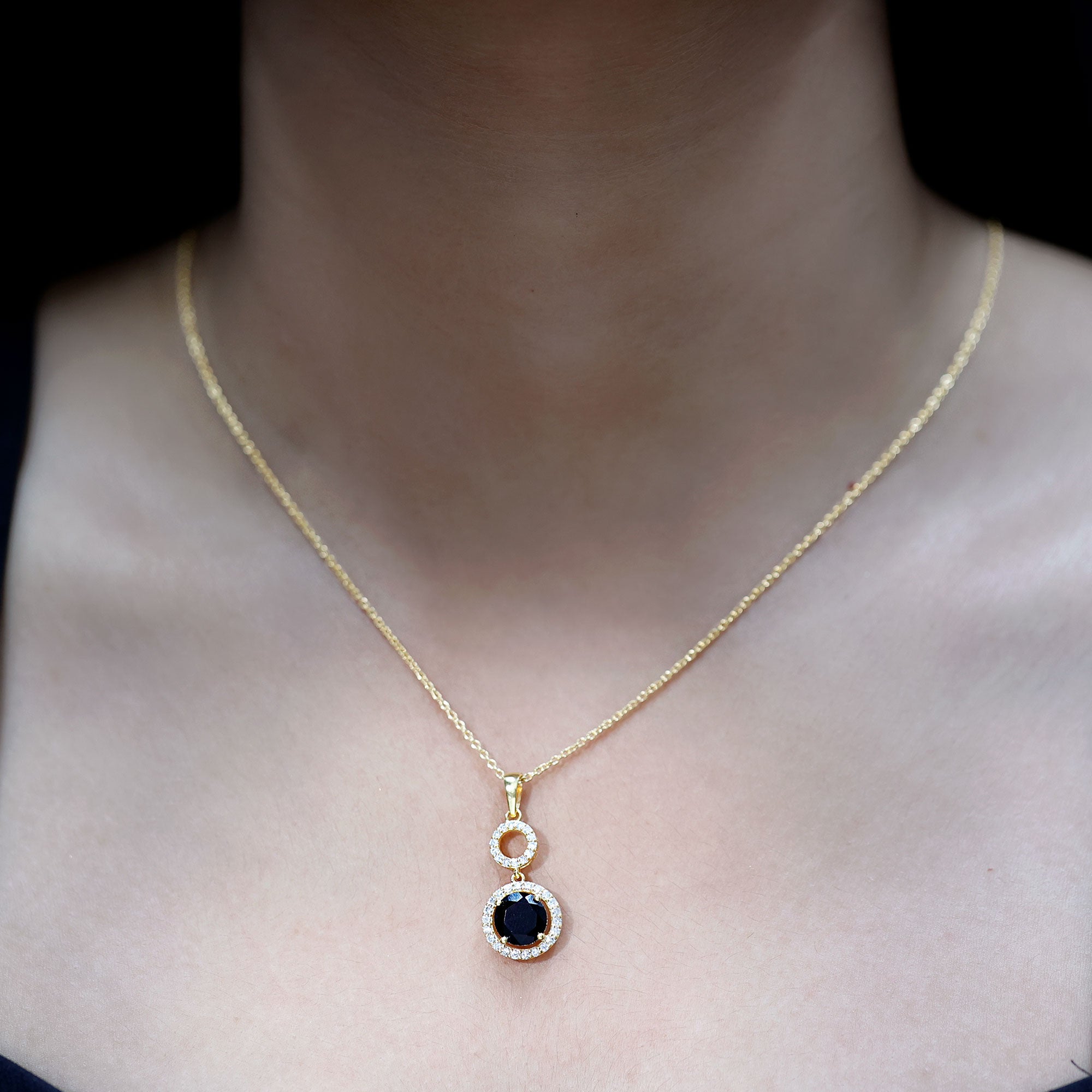 Natural 2 CT Round Black Onyx Necklace with Diamond Halo AAA 14K Yellow Gold Plated Silver - Rosec Jewels