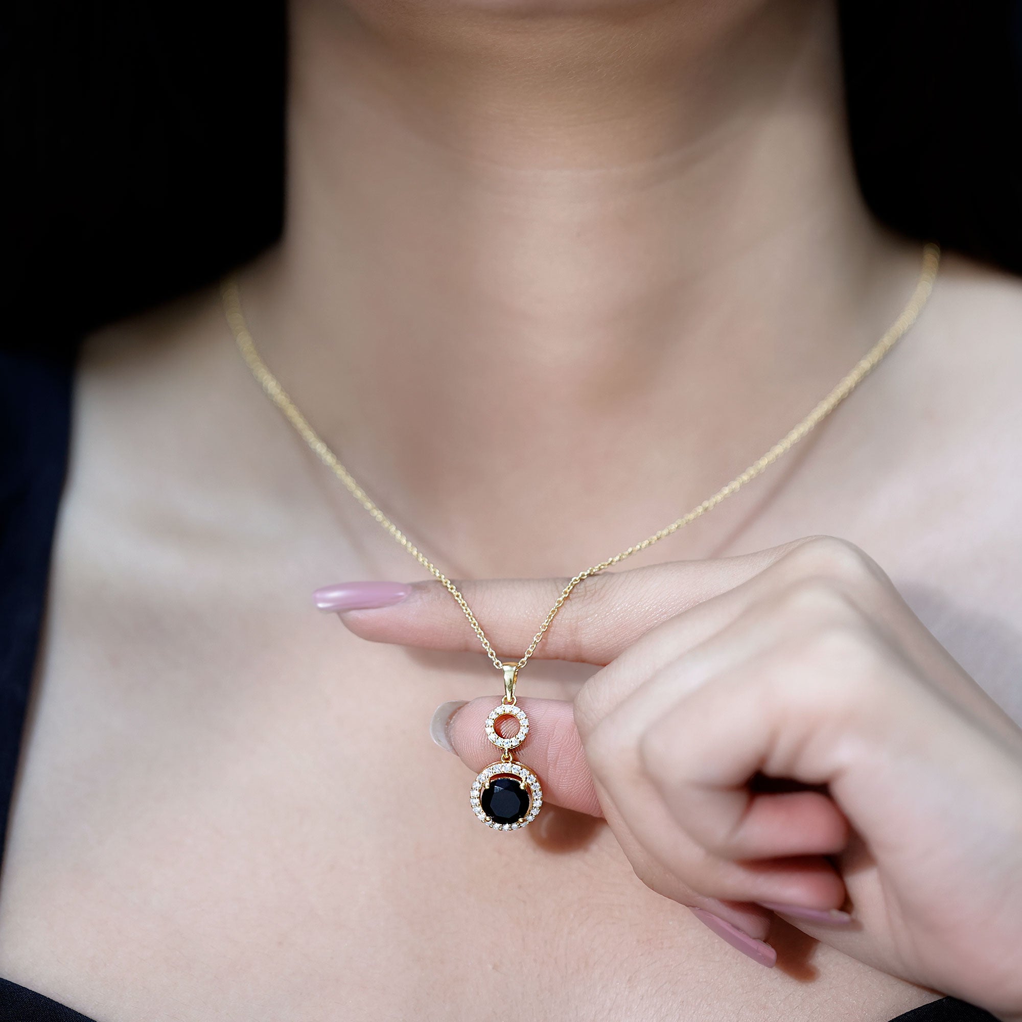Natural 2 CT Round Black Onyx Necklace with Diamond Halo AAA 14K Yellow Gold Plated Silver - Rosec Jewels