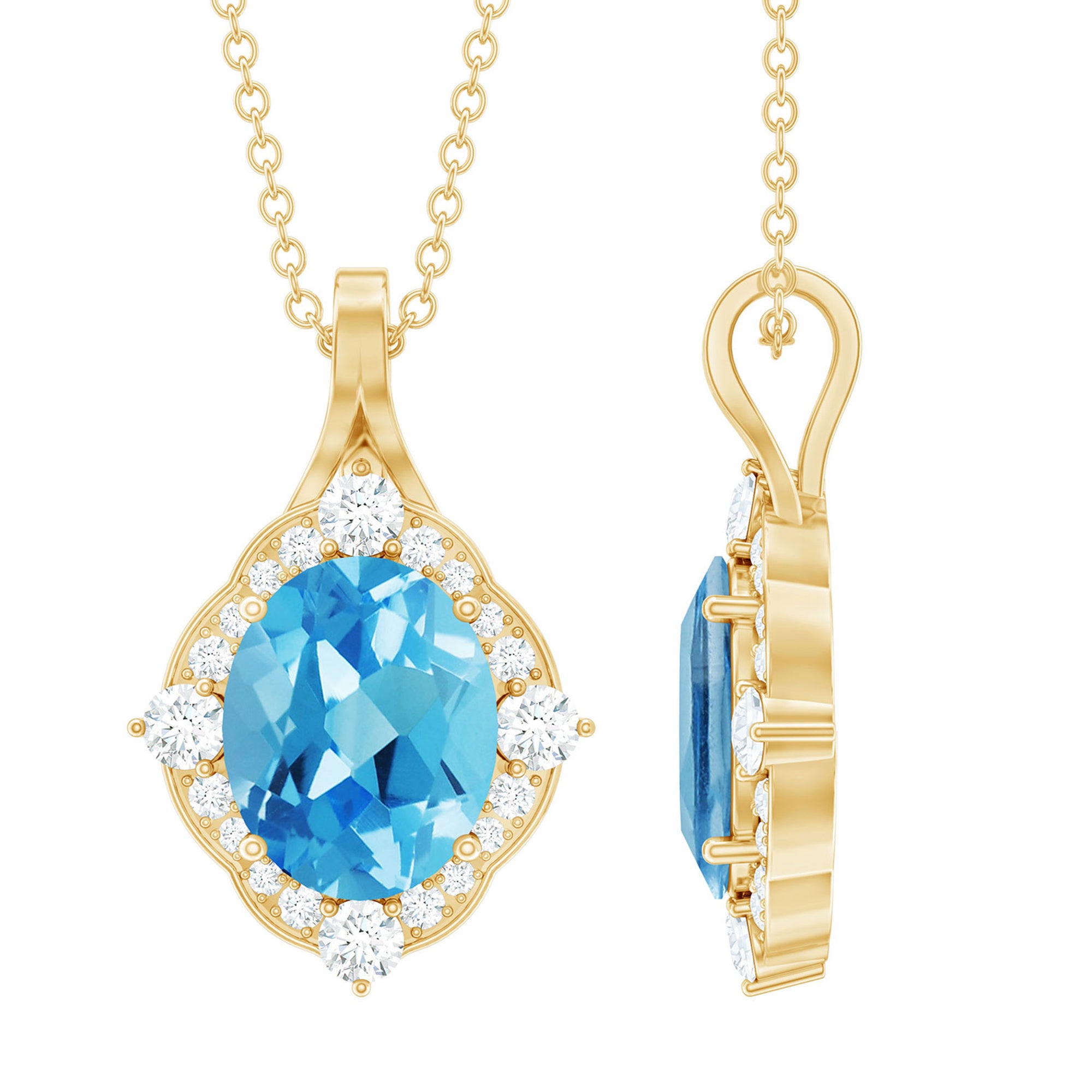 Vintage Style 2.5 Carat Swiss Blue Topaz and Diamond Necklace with Silver Chain AAA 14K Yellow Gold Plated Silver - Rosec Jewels