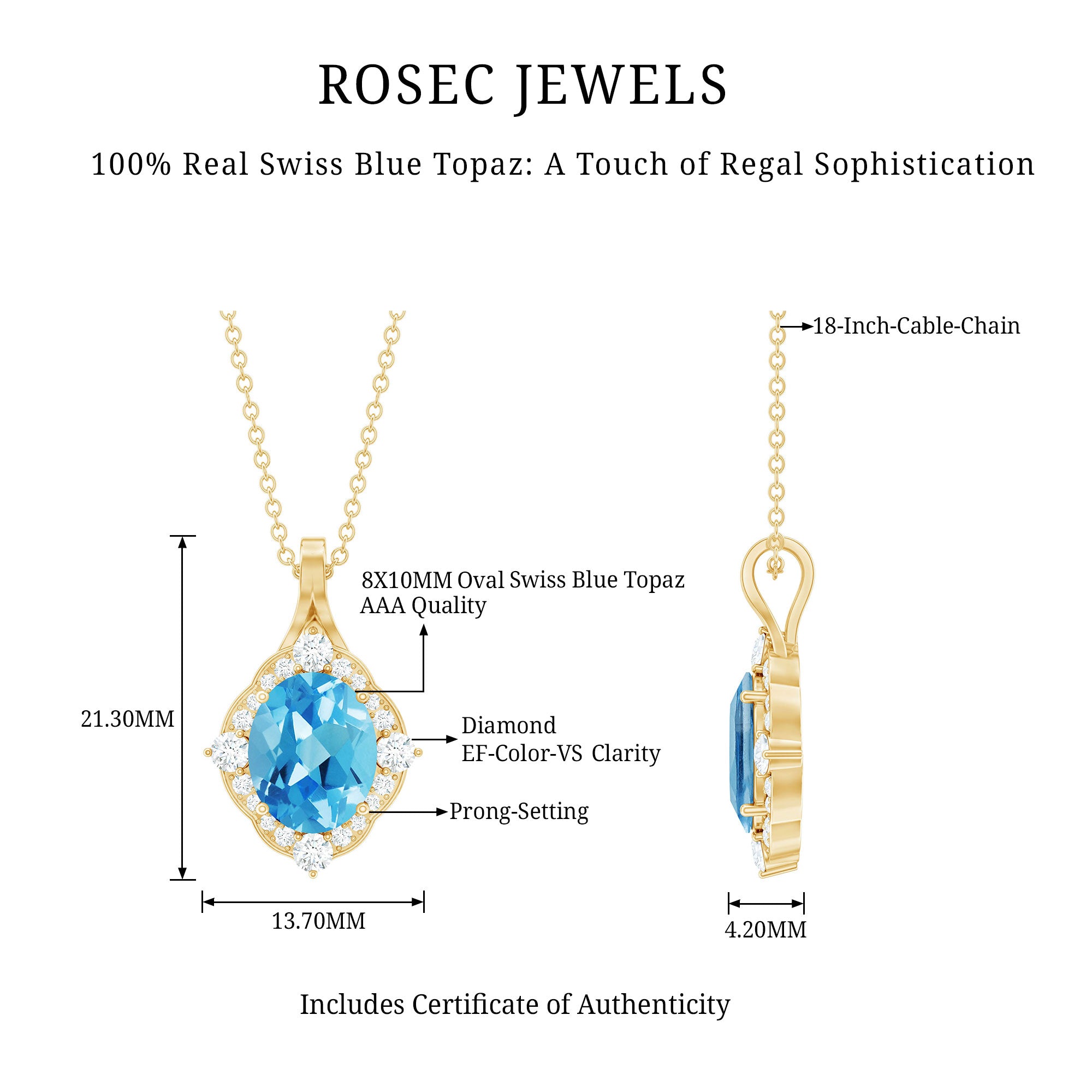 Vintage Style 2.5 Carat Swiss Blue Topaz and Diamond Necklace with Silver Chain AAA 14K Yellow Gold Plated Silver - Rosec Jewels