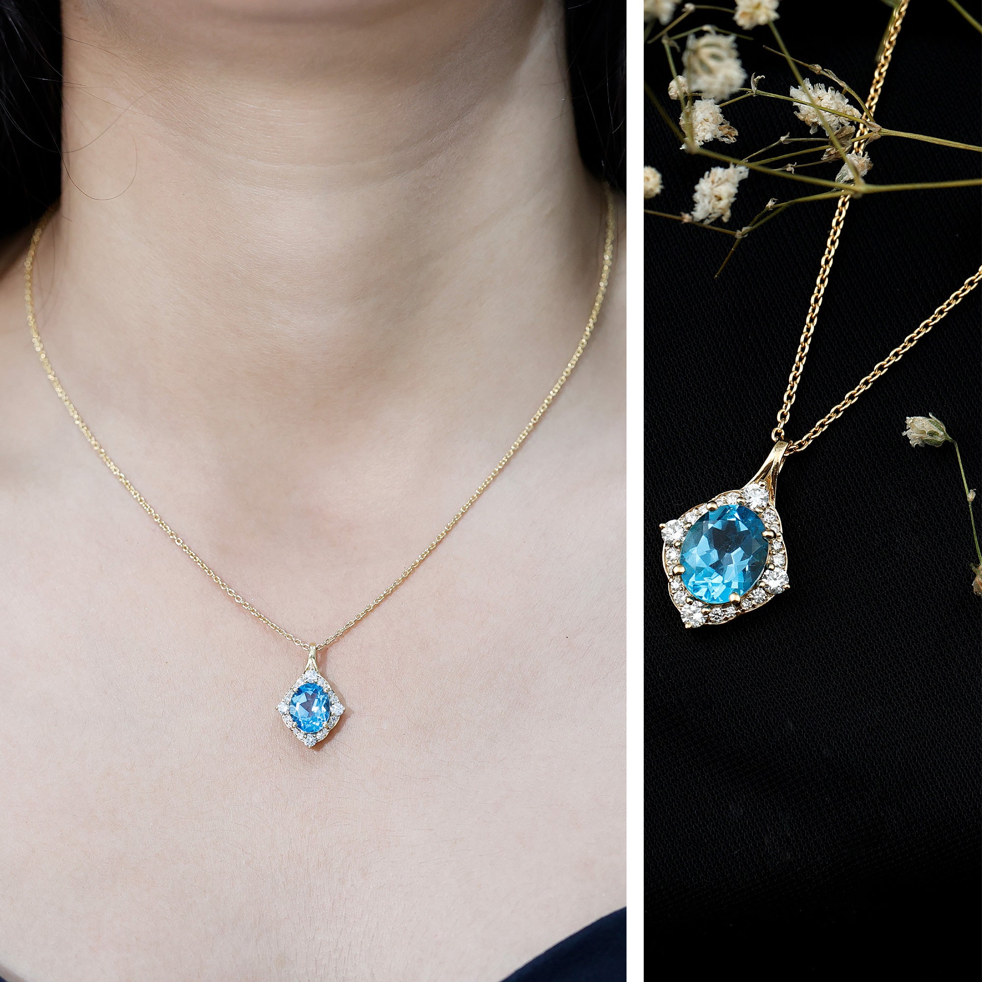 Vintage Style 2.5 Carat Swiss Blue Topaz and Diamond Necklace with Silver Chain AAA 14K Yellow Gold Plated Silver - Rosec Jewels