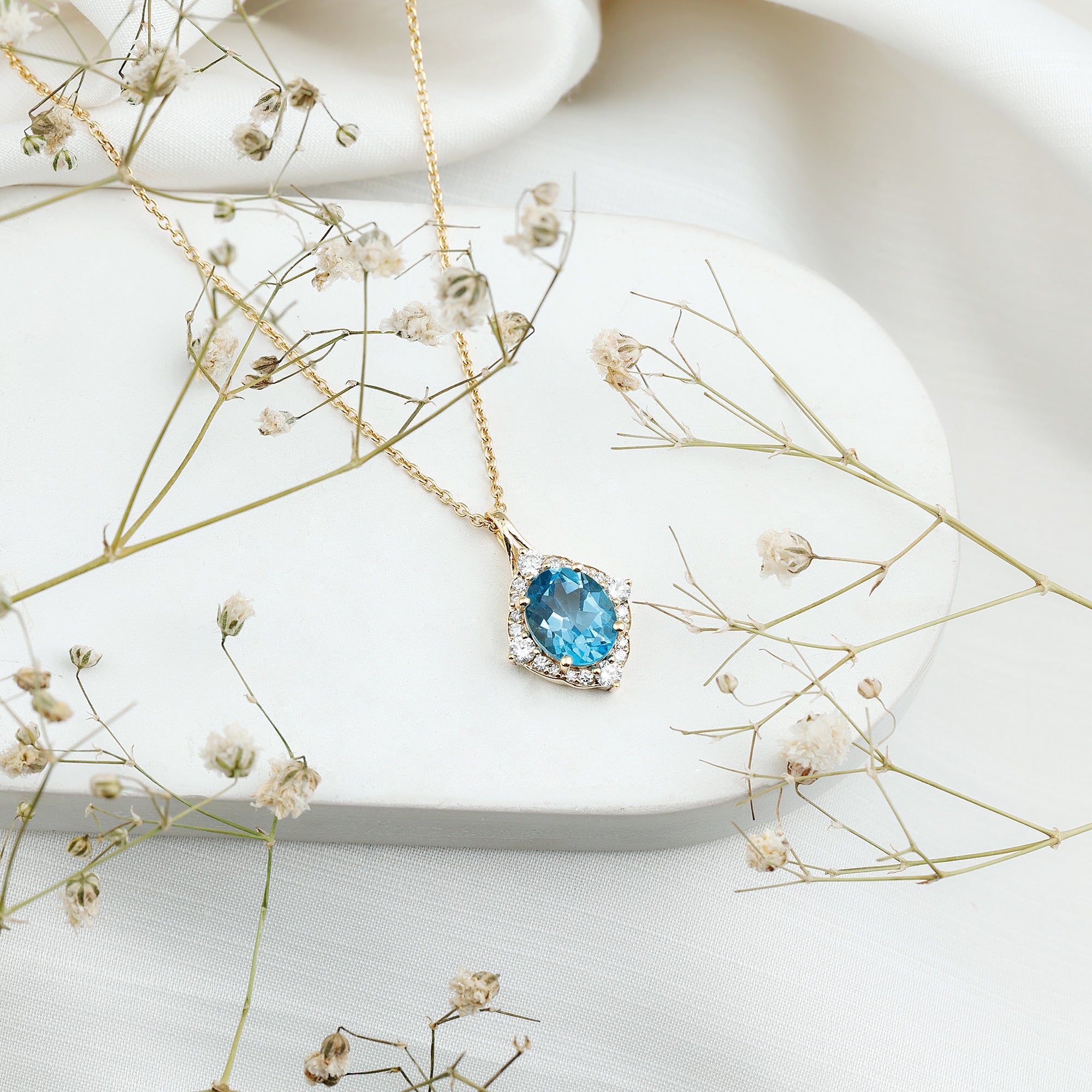 Vintage Style 2.5 Carat Swiss Blue Topaz and Diamond Necklace with Silver Chain AAA 14K Yellow Gold Plated Silver - Rosec Jewels