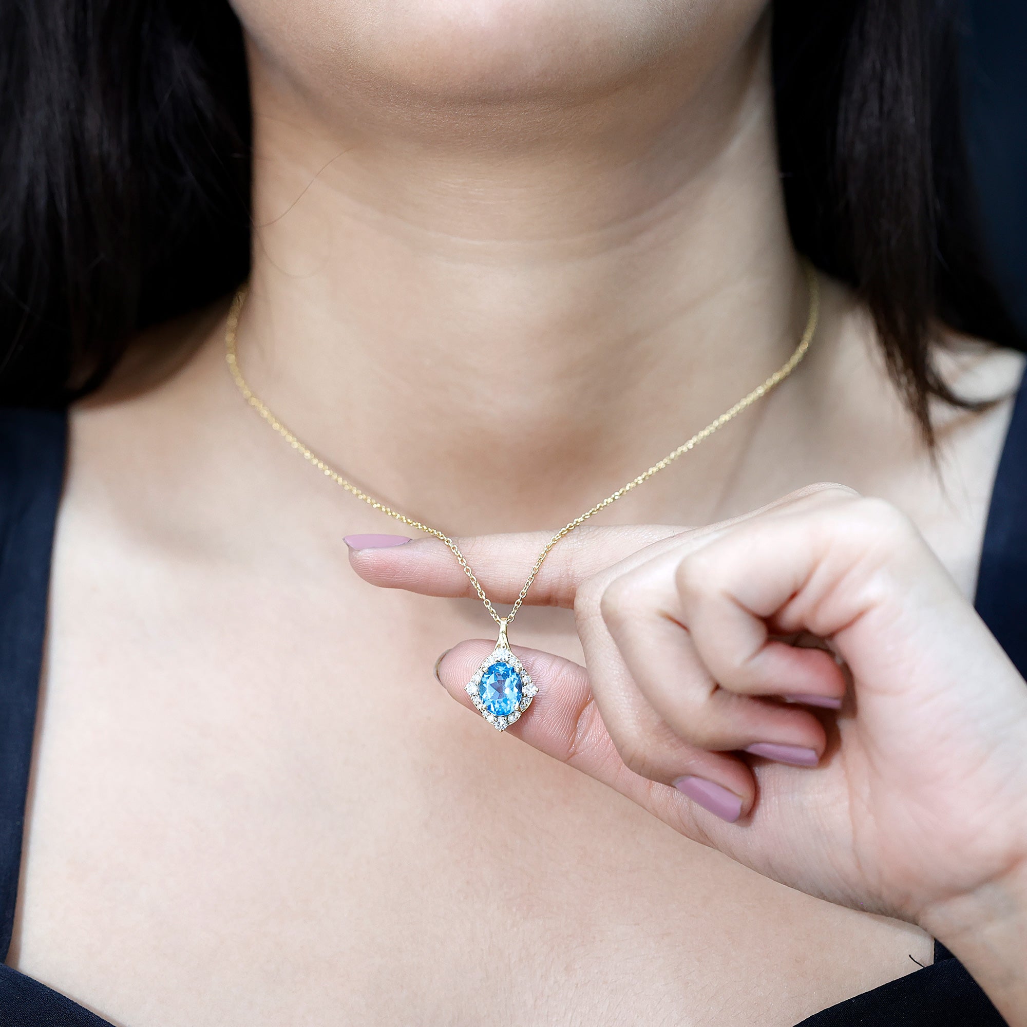 Vintage Style 2.5 Carat Swiss Blue Topaz and Diamond Necklace with Silver Chain AAA 14K Yellow Gold Plated Silver - Rosec Jewels