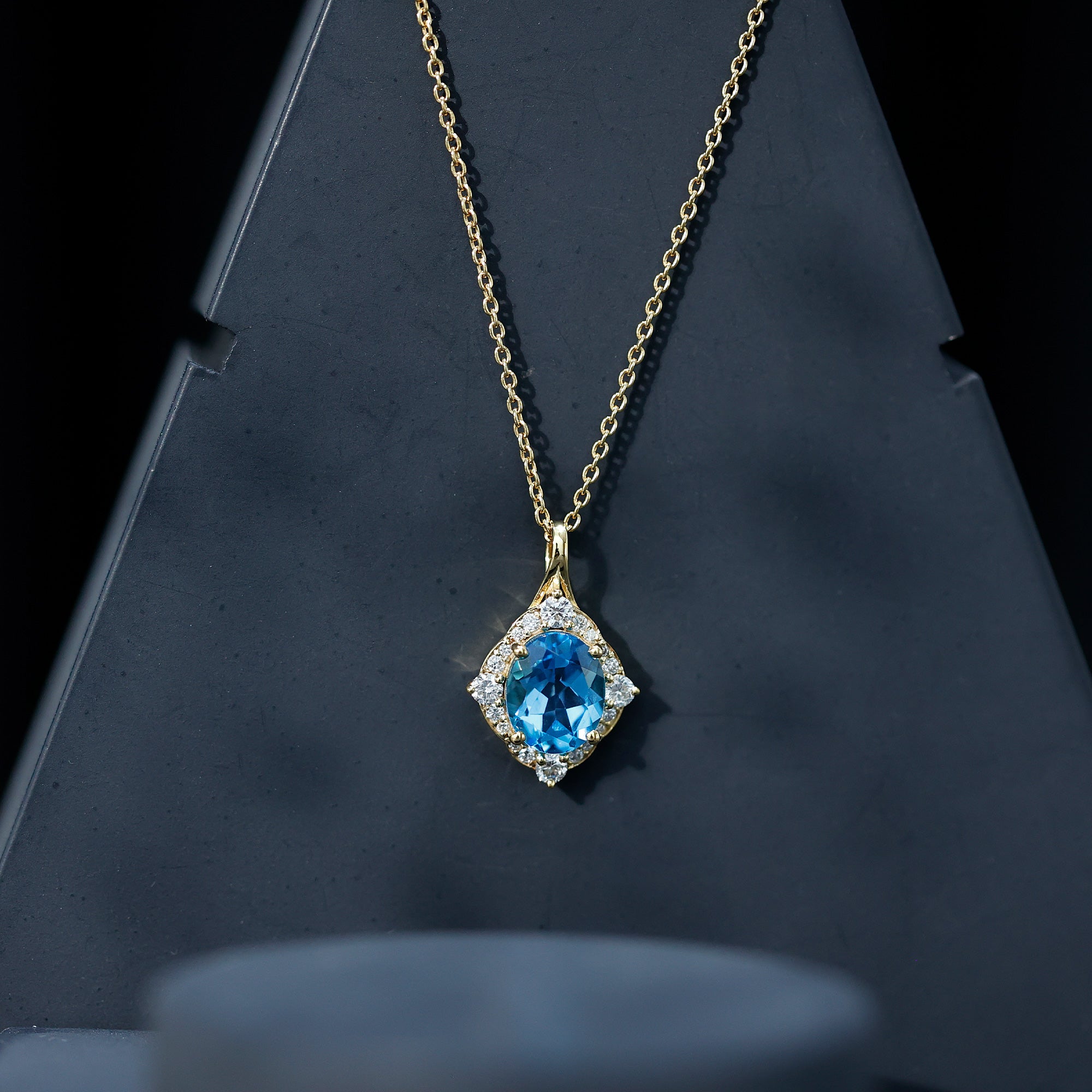 Vintage Style 2.5 Carat Swiss Blue Topaz and Diamond Necklace with Silver Chain AAA 14K Yellow Gold Plated Silver - Rosec Jewels