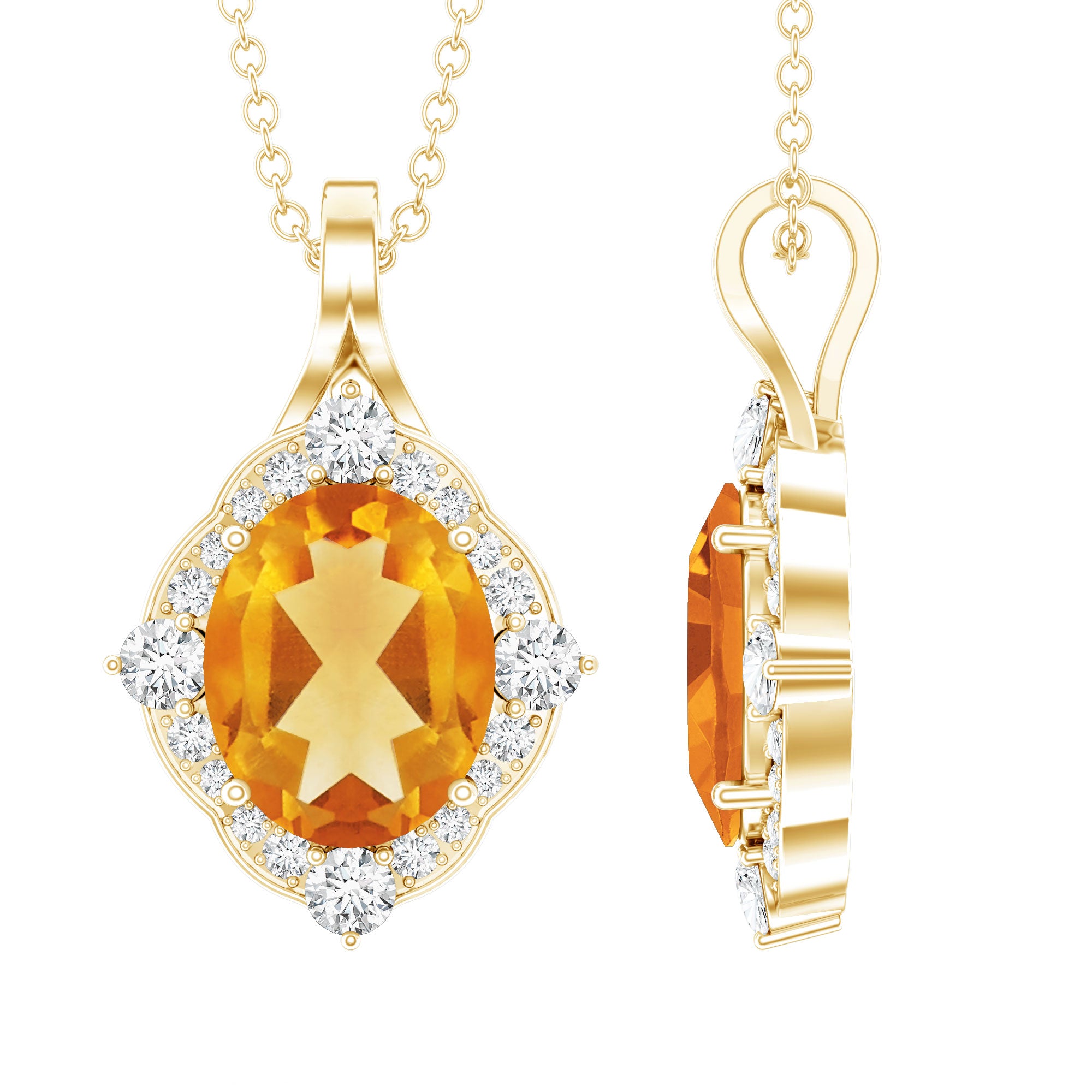 Genuine 2.5 Carat Citrine Diamond Vintage Necklace with Silver Chain AAA 14K Yellow Gold Plated Silver - Rosec Jewels