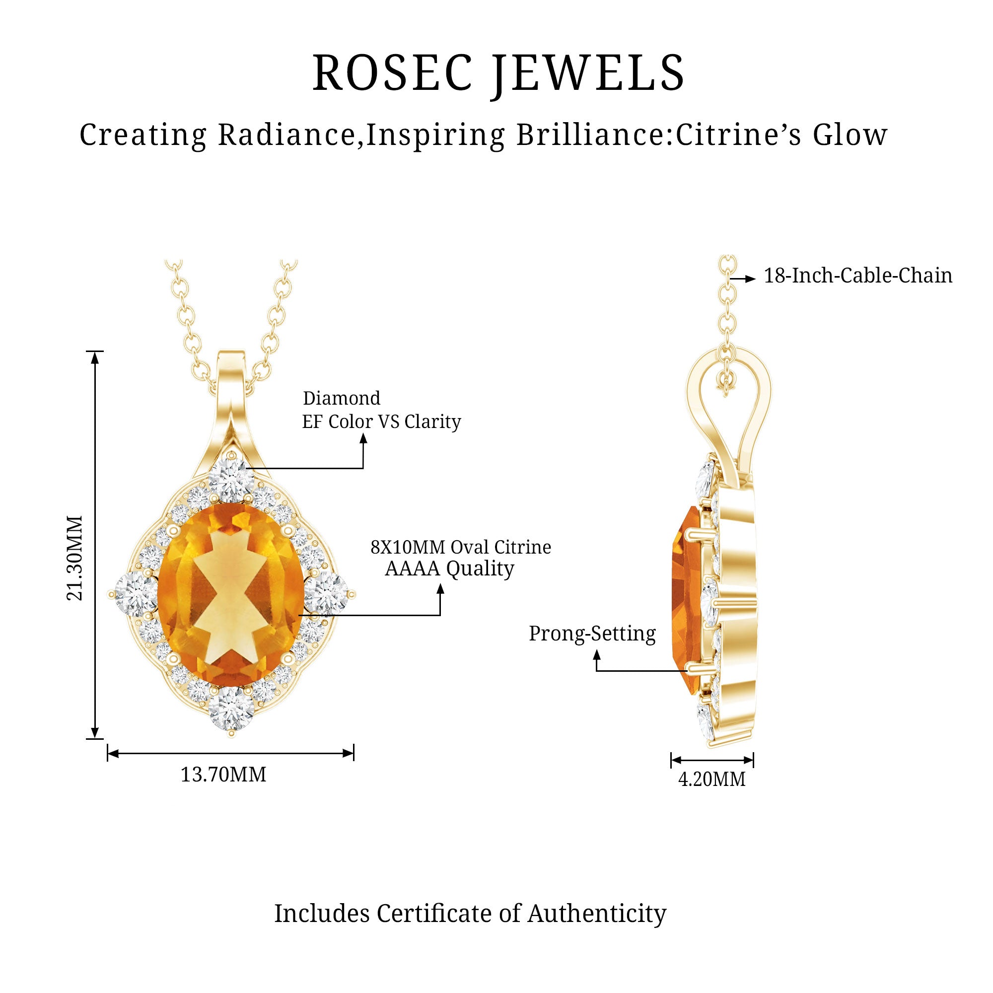 Genuine 2.5 Carat Citrine Diamond Vintage Necklace with Silver Chain AAA 14K Yellow Gold Plated Silver - Rosec Jewels