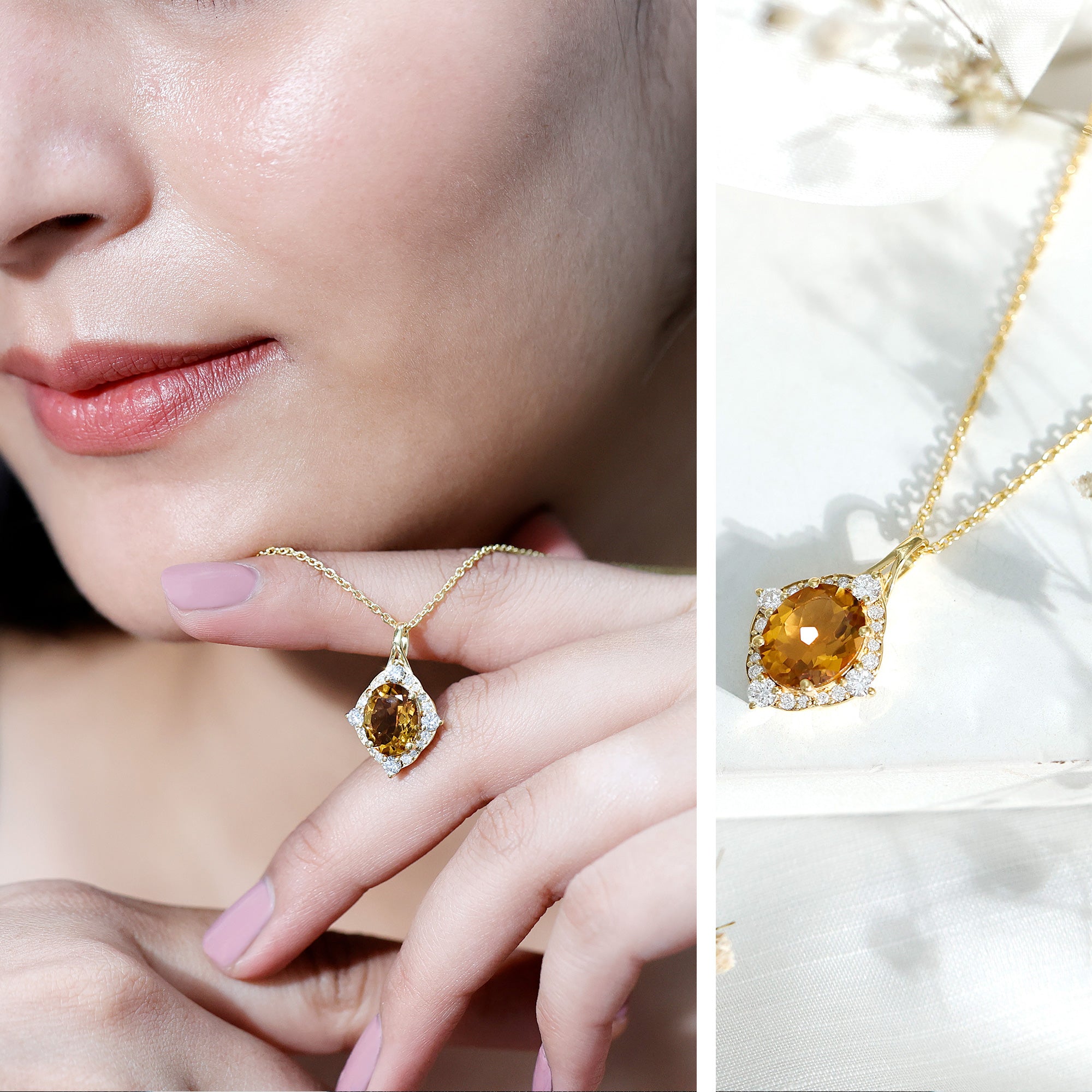 Genuine 2.5 Carat Citrine Diamond Vintage Necklace with Silver Chain AAA 14K Yellow Gold Plated Silver - Rosec Jewels
