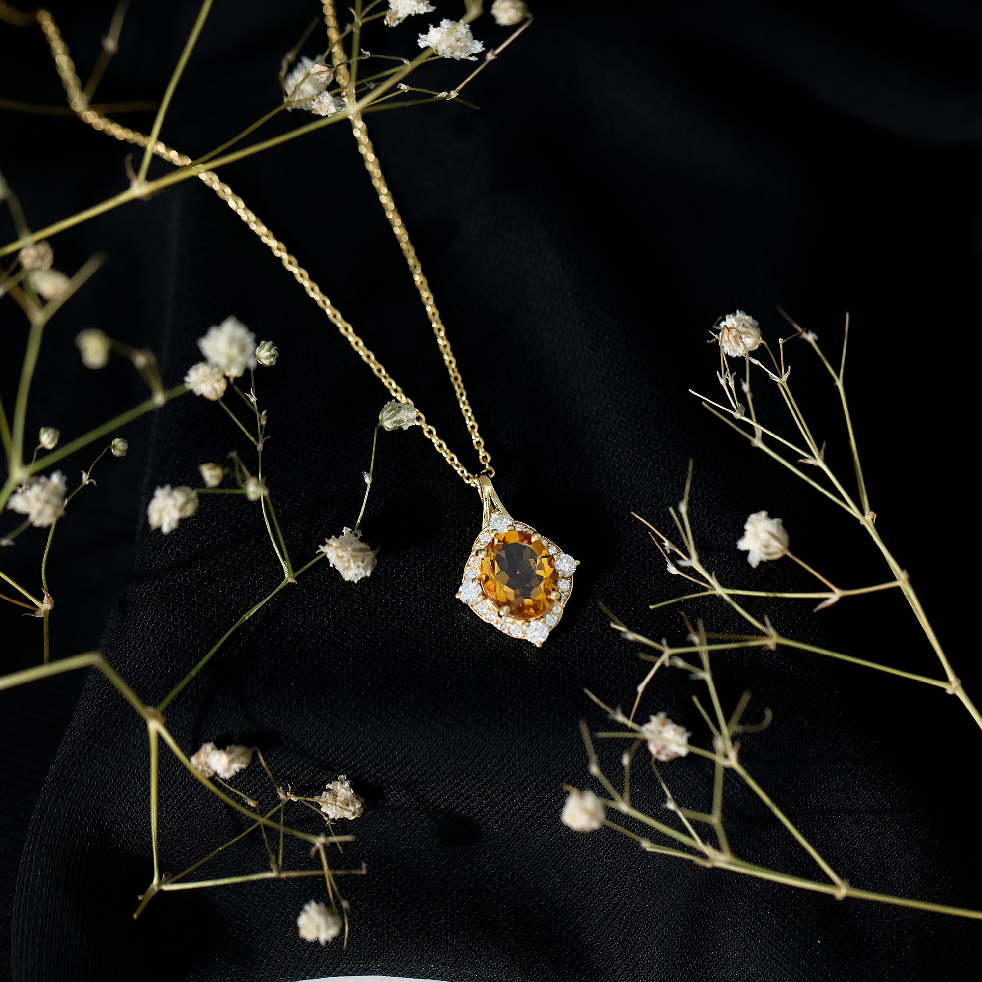 Genuine 2.5 Carat Citrine Diamond Vintage Necklace with Silver Chain AAA 14K Yellow Gold Plated Silver - Rosec Jewels