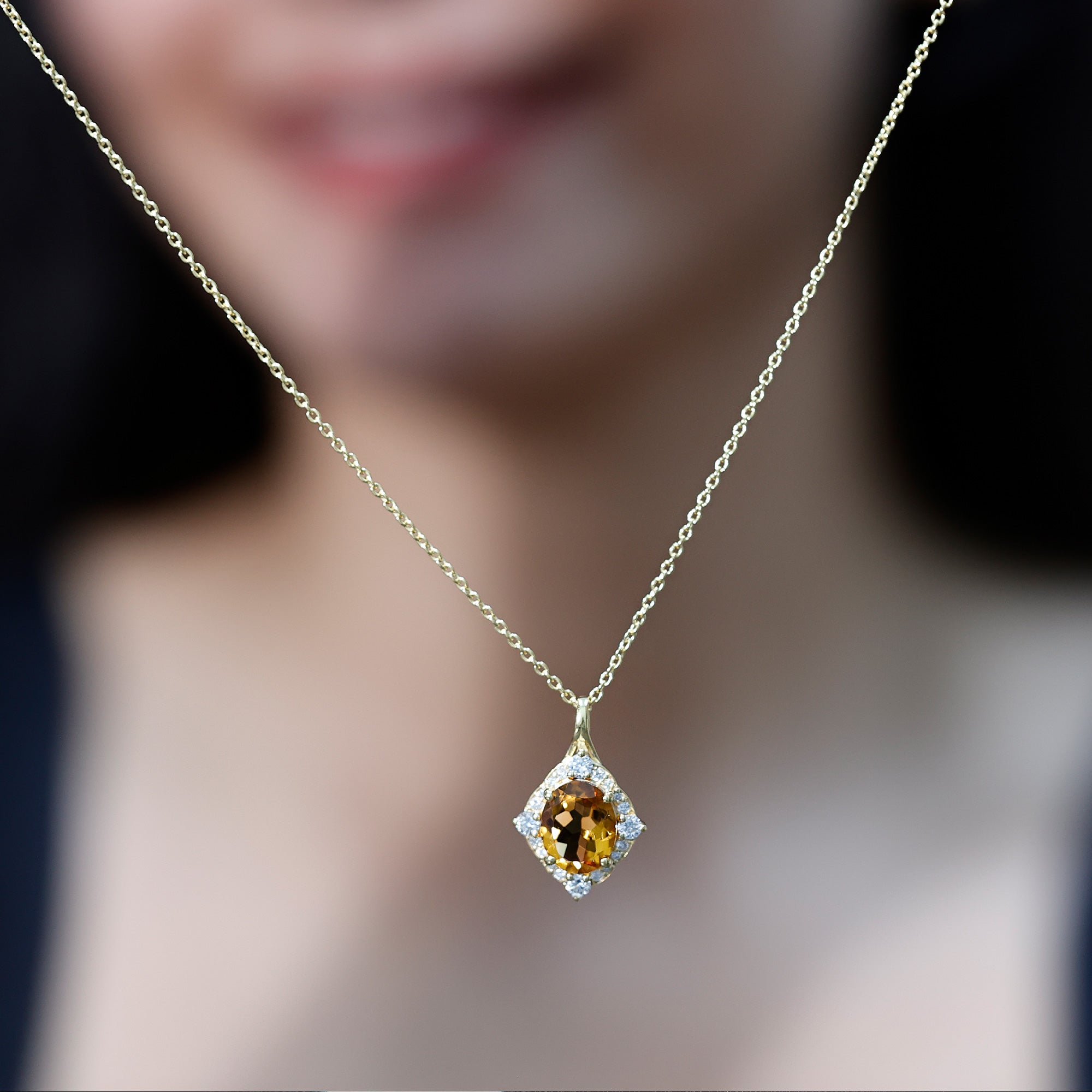 Genuine 2.5 Carat Citrine Diamond Vintage Necklace with Silver Chain AAA 14K Yellow Gold Plated Silver - Rosec Jewels
