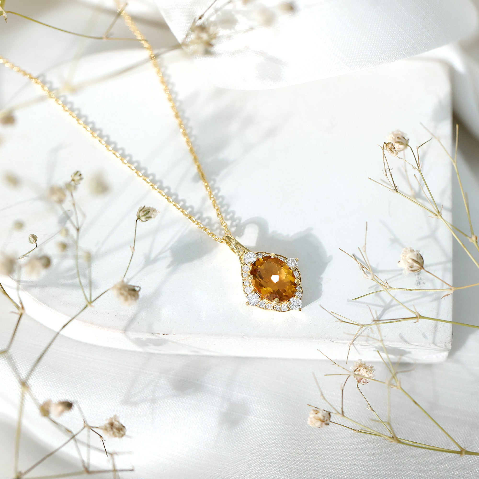 Genuine 2.5 Carat Citrine Diamond Vintage Necklace with Silver Chain AAA 14K Yellow Gold Plated Silver - Rosec Jewels