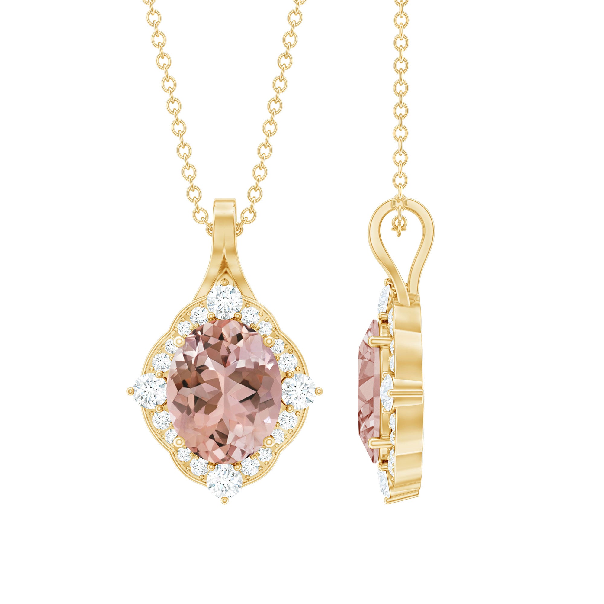 Vintage Inspired 2.5 Carat Morganite Bridal Necklace with Diamond Halo AAA 14K Yellow Gold Plated Silver - Rosec Jewels