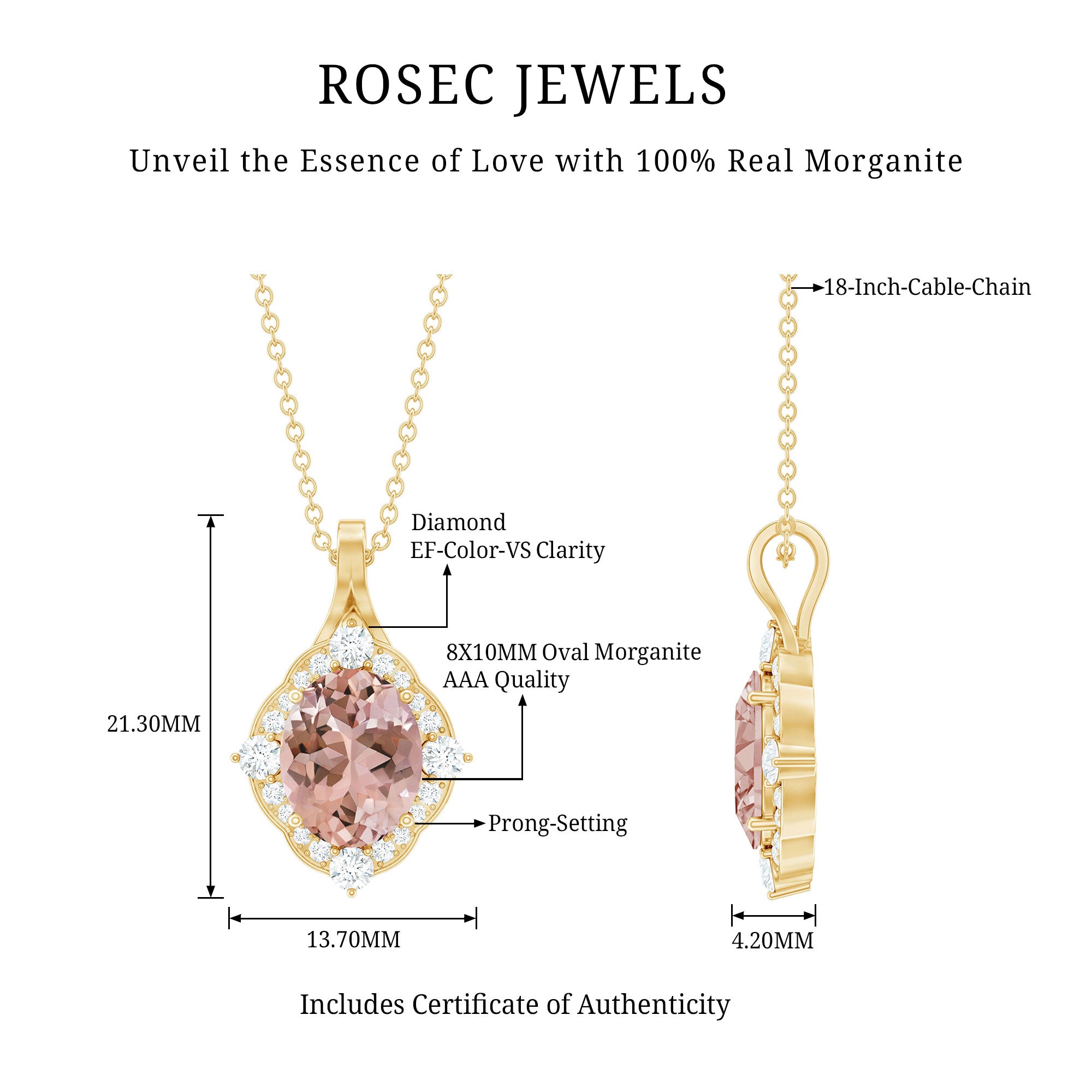 Vintage Inspired 2.5 Carat Morganite Bridal Necklace with Diamond Halo AAA 14K Yellow Gold Plated Silver - Rosec Jewels