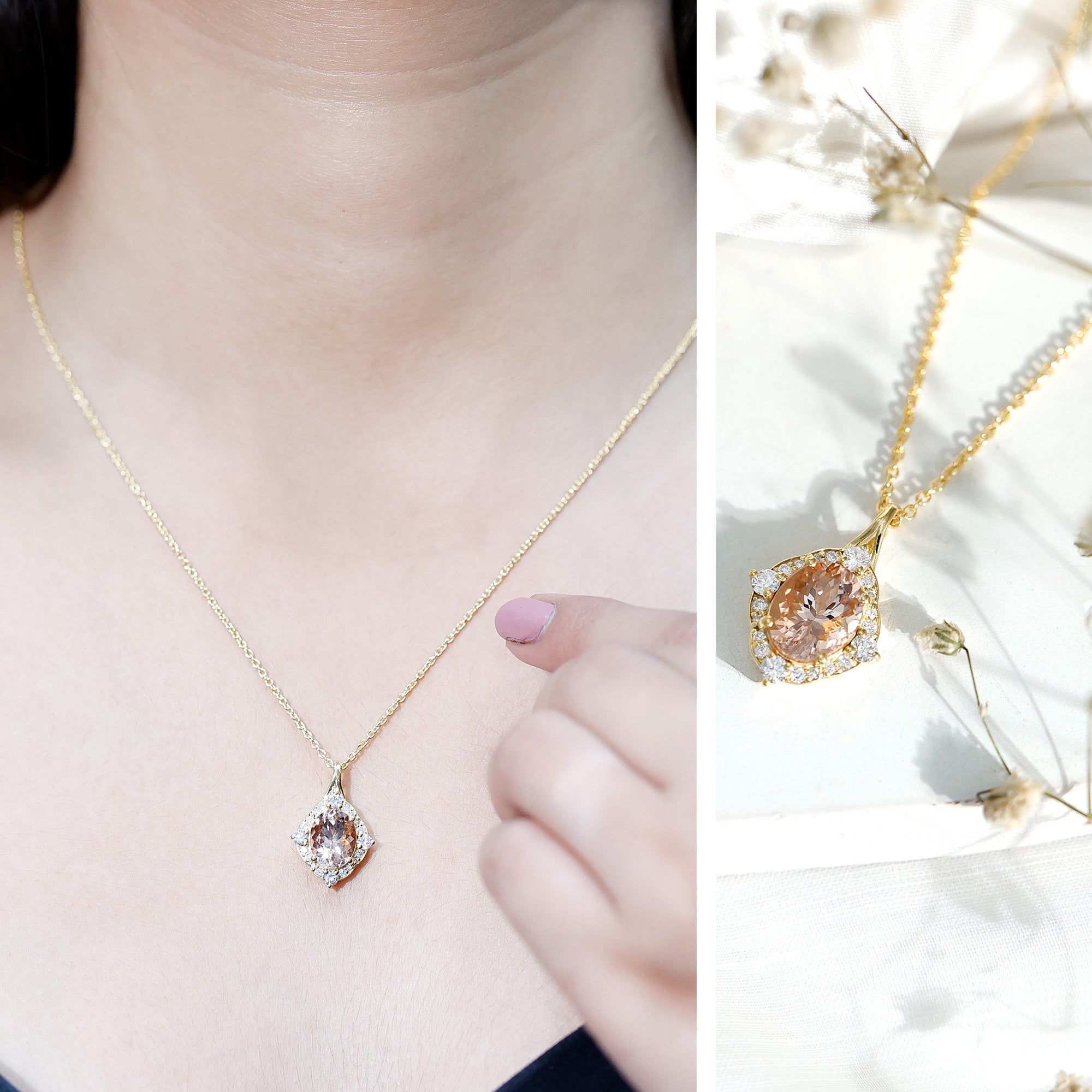 Vintage Inspired 2.5 Carat Morganite Bridal Necklace with Diamond Halo AAA 14K Yellow Gold Plated Silver - Rosec Jewels