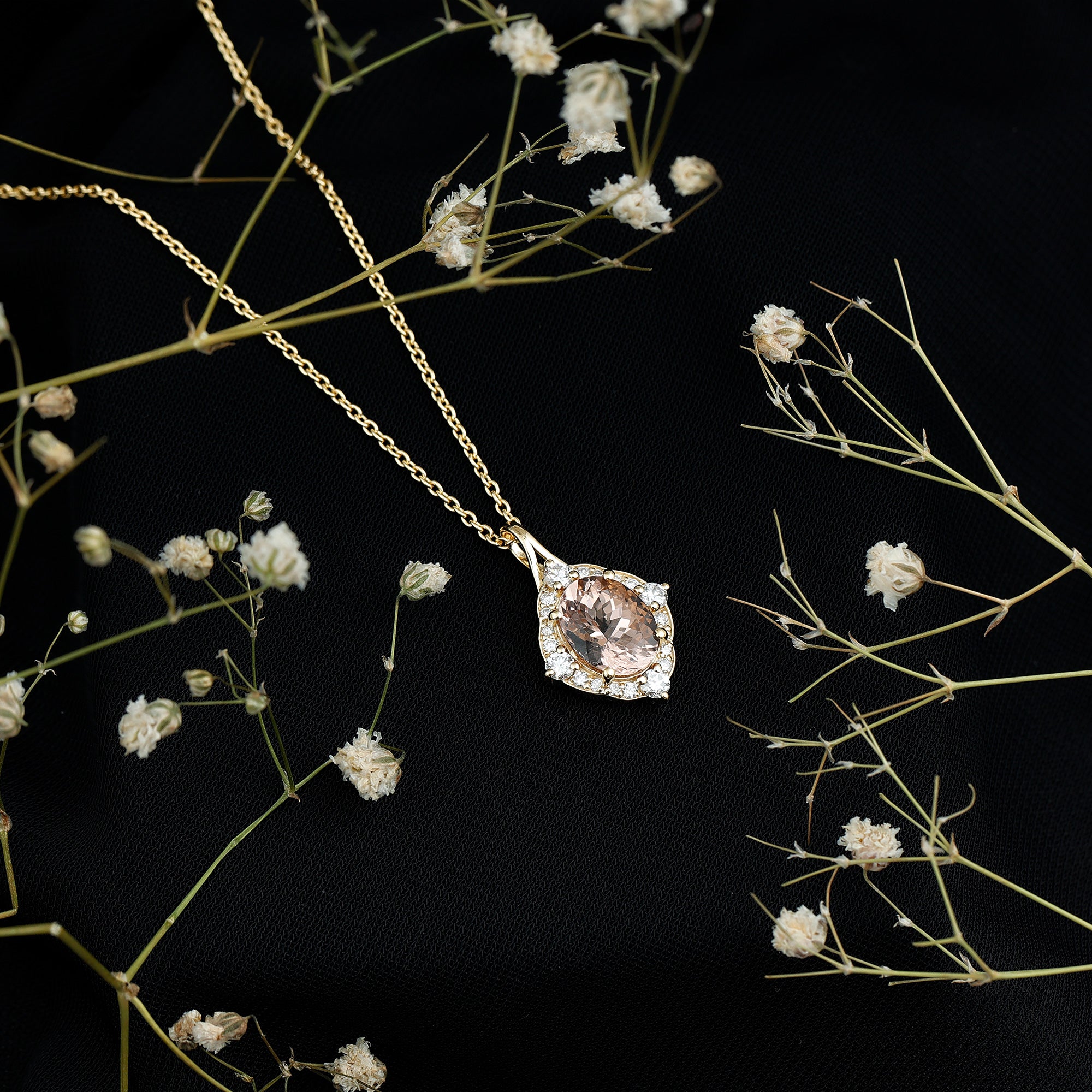 Vintage Inspired 2.5 Carat Morganite Bridal Necklace with Diamond Halo AAA 14K Yellow Gold Plated Silver - Rosec Jewels