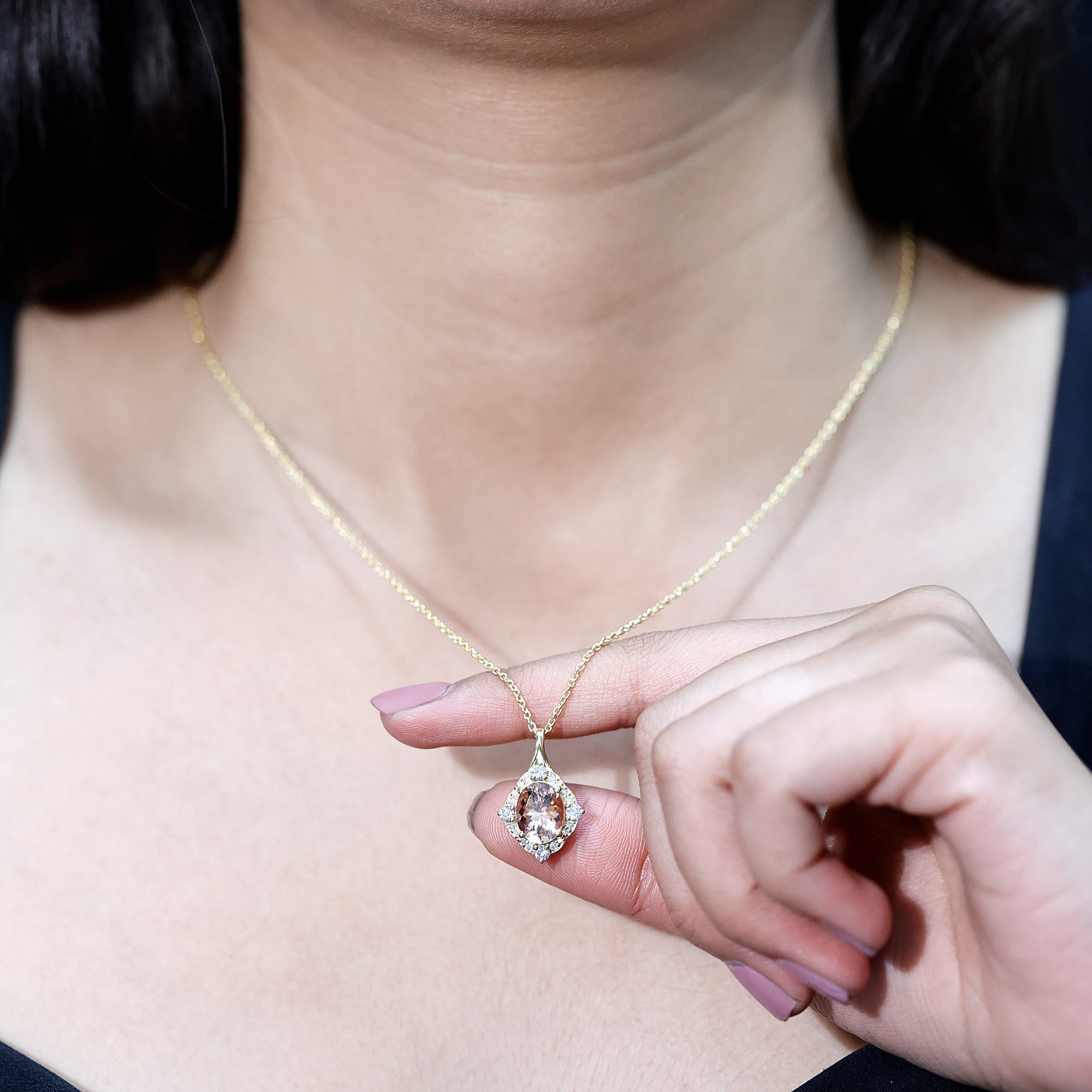 Vintage Inspired 2.5 Carat Morganite Bridal Necklace with Diamond Halo AAA 14K Yellow Gold Plated Silver - Rosec Jewels