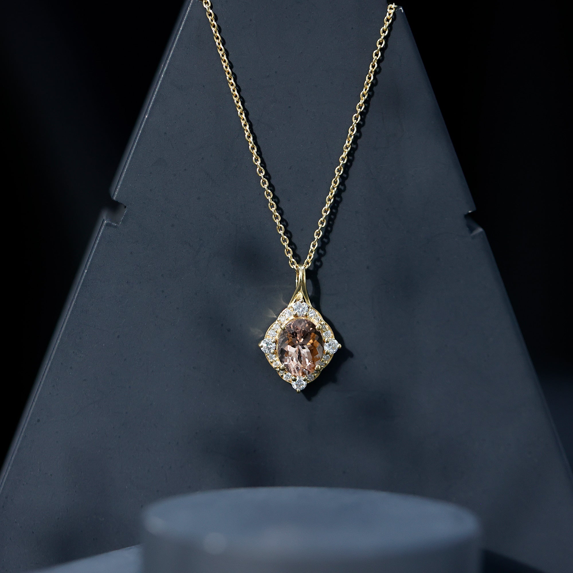 Vintage Inspired 2.5 Carat Morganite Bridal Necklace with Diamond Halo AAA 14K Yellow Gold Plated Silver - Rosec Jewels