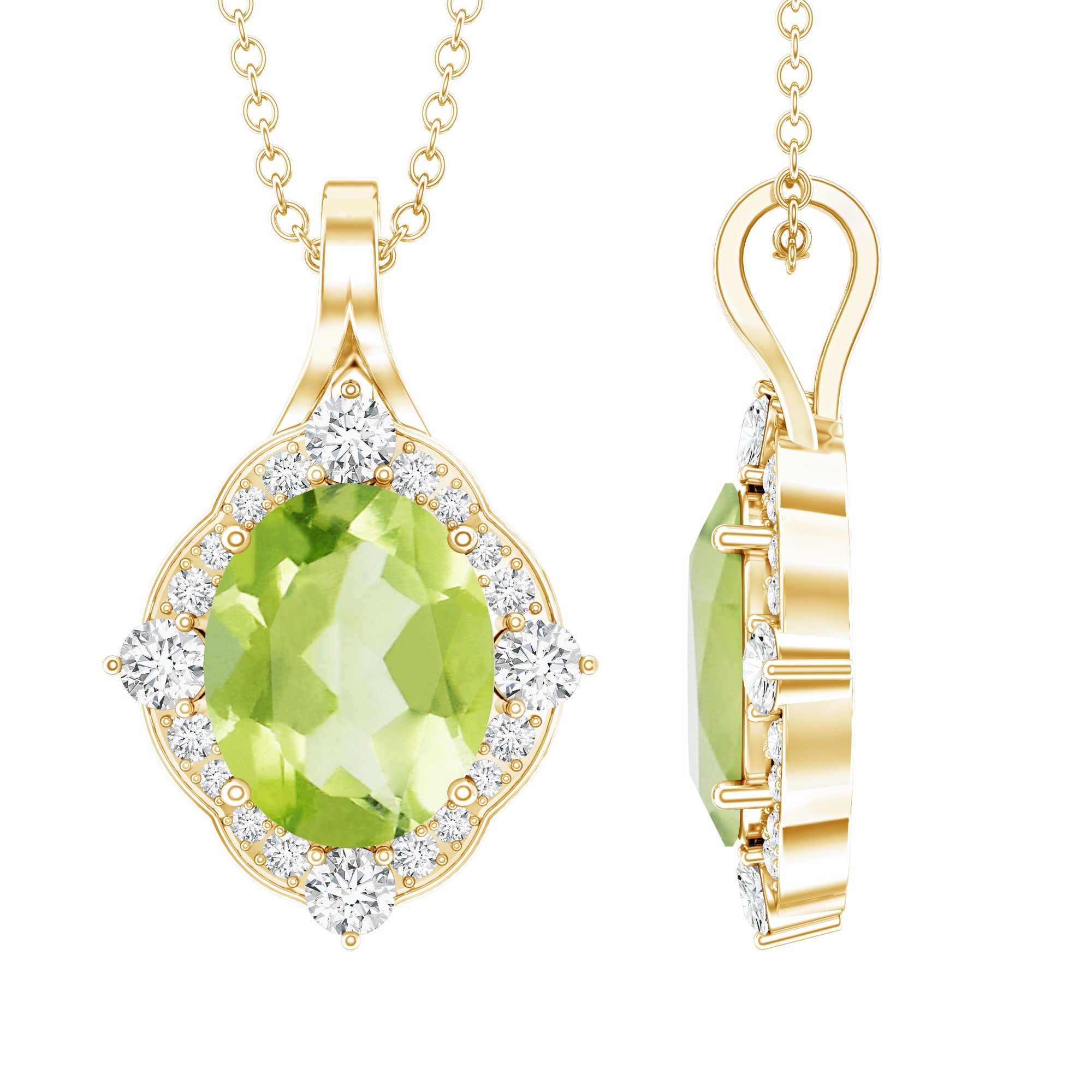 Real 2.5 Carat Peridot Vintage Pendant with Diamond Halo AAA 14K Yellow Gold Plated Silver - Rosec Jewels