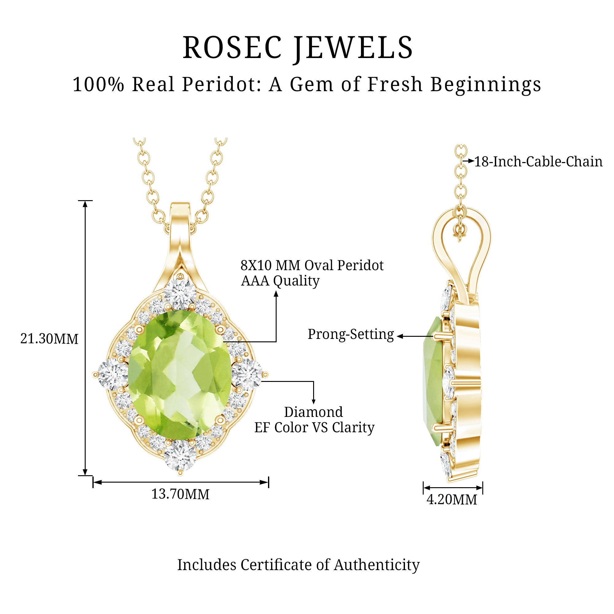 Real 2.5 Carat Peridot Vintage Pendant with Diamond Halo AAA 14K Yellow Gold Plated Silver - Rosec Jewels