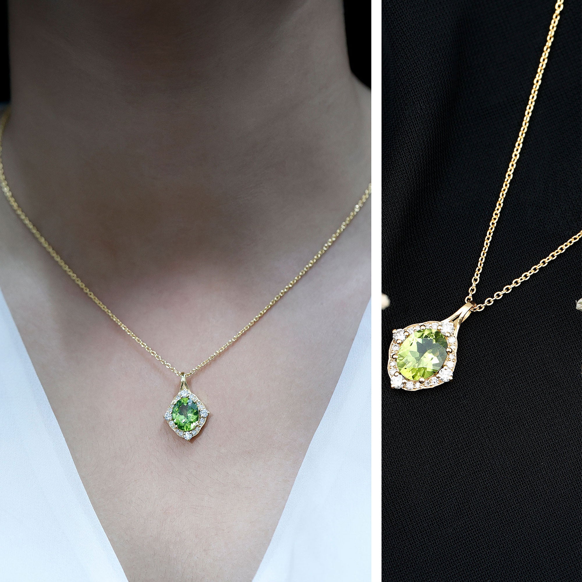 Real 2.5 Carat Peridot Vintage Pendant with Diamond Halo AAA 14K Yellow Gold Plated Silver - Rosec Jewels