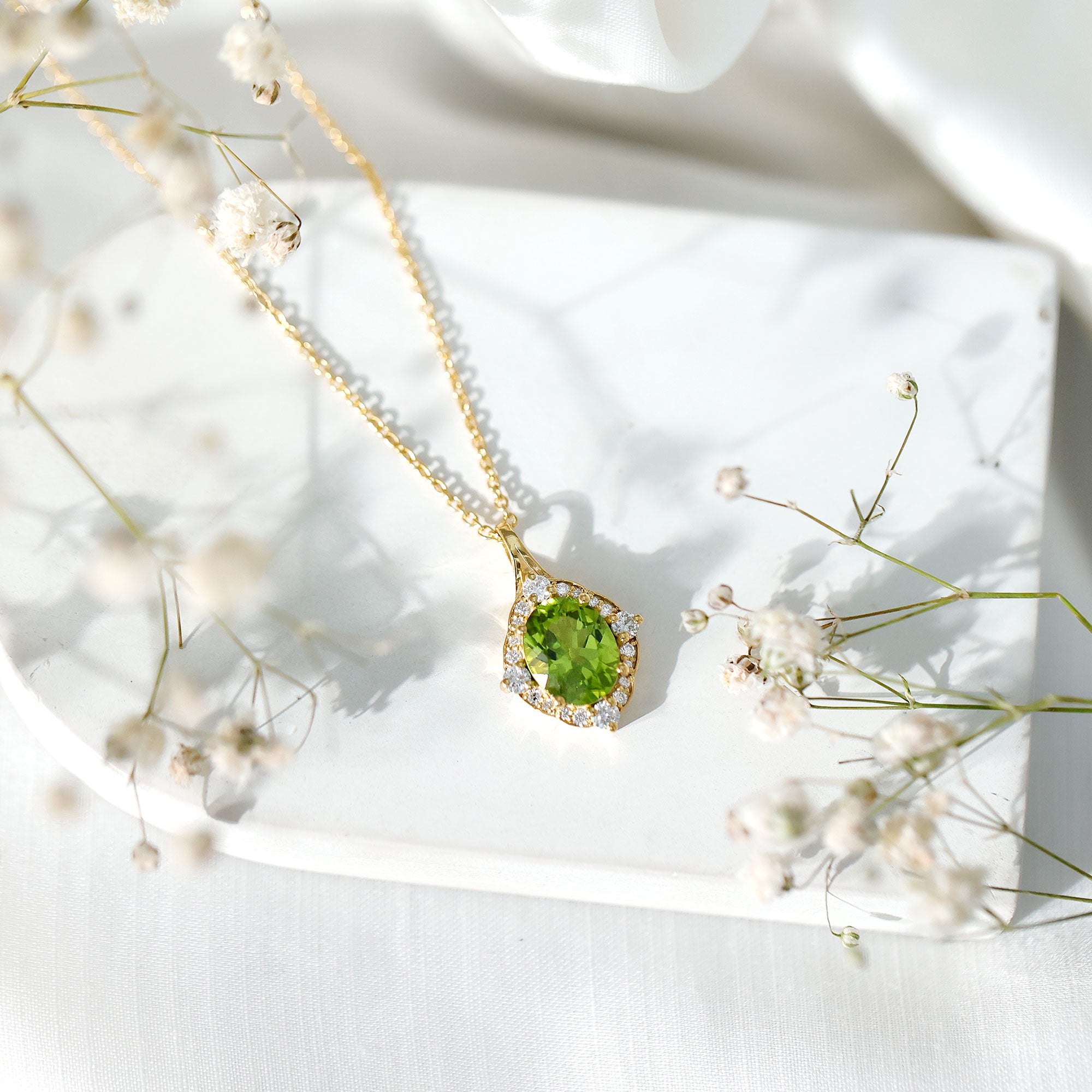 Real 2.5 Carat Peridot Vintage Pendant with Diamond Halo AAA 14K Yellow Gold Plated Silver - Rosec Jewels