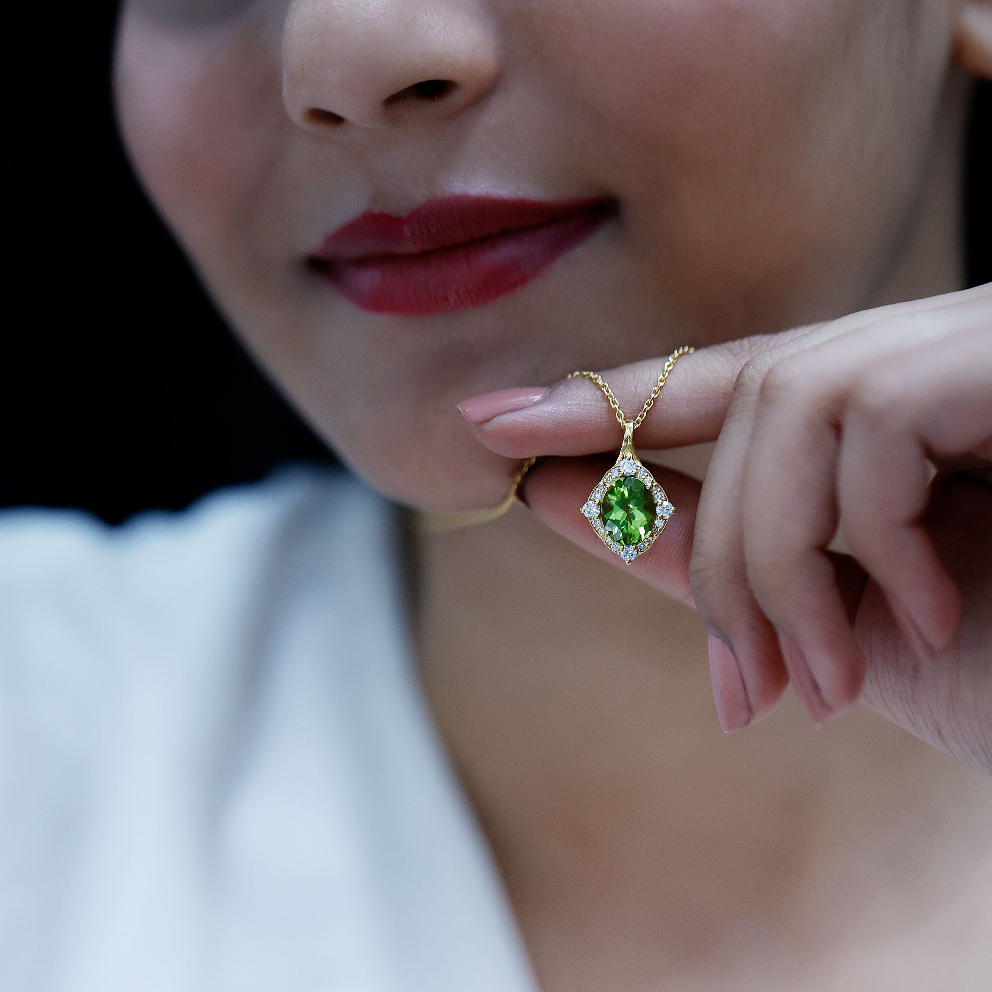 Real 2.5 Carat Peridot Vintage Pendant with Diamond Halo AAA 14K Yellow Gold Plated Silver - Rosec Jewels