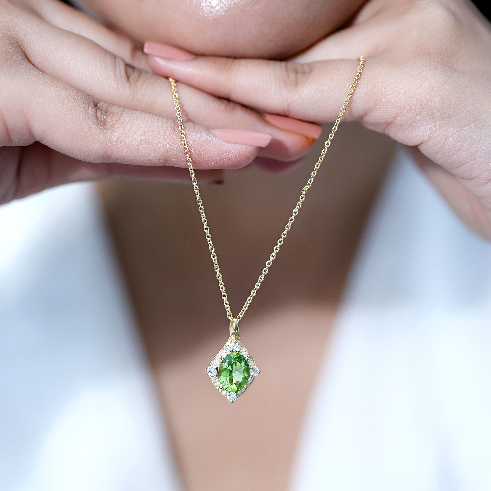 Real 2.5 Carat Peridot Vintage Pendant with Diamond Halo AAA 14K Yellow Gold Plated Silver - Rosec Jewels
