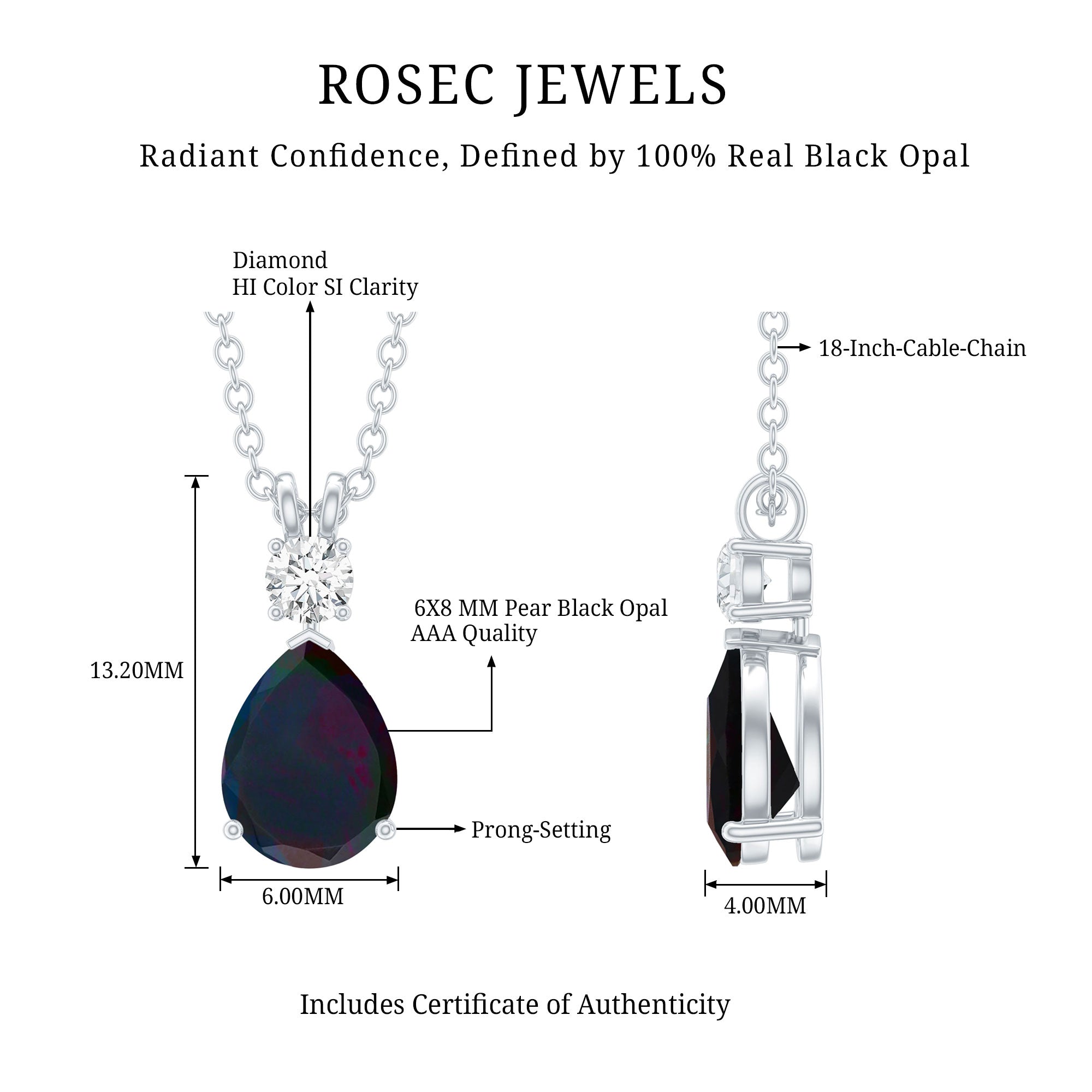 Pear Shaped Black Opal Drop Pendant with Diamond AAA - Rosec Jewels