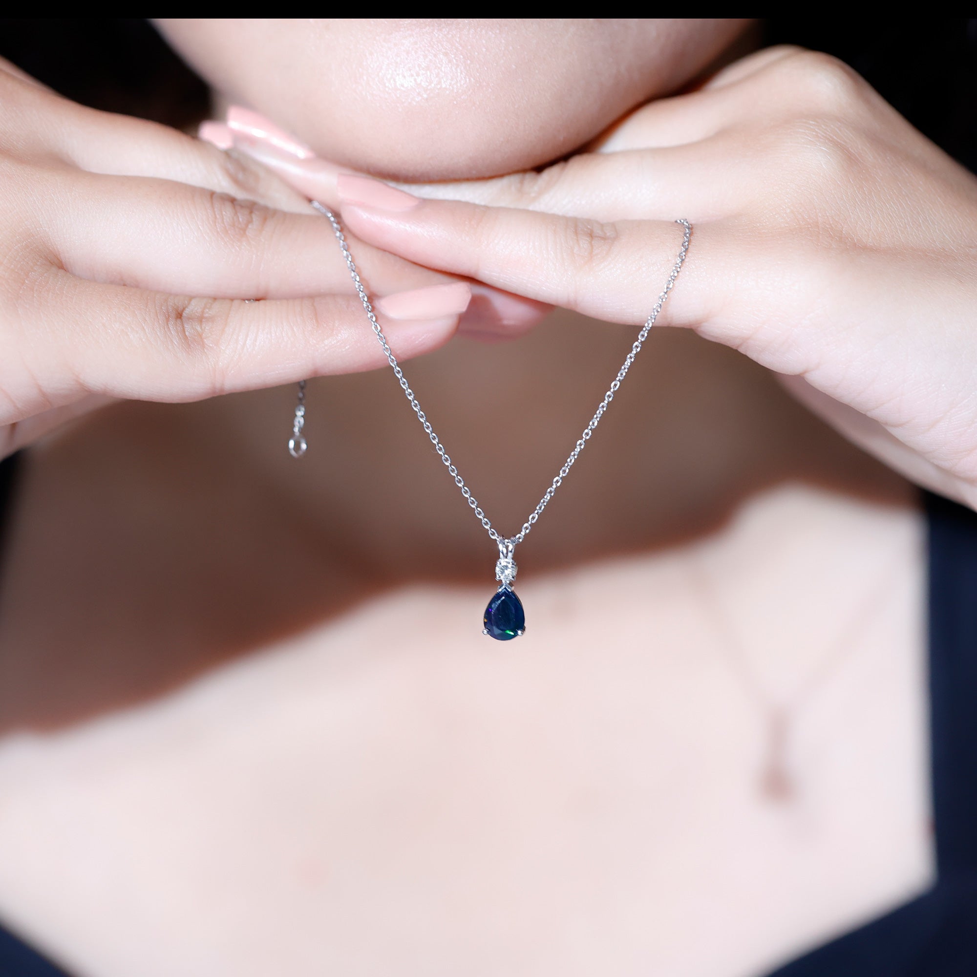 Pear Shaped Black Opal Drop Pendant with Diamond AAA - Rosec Jewels