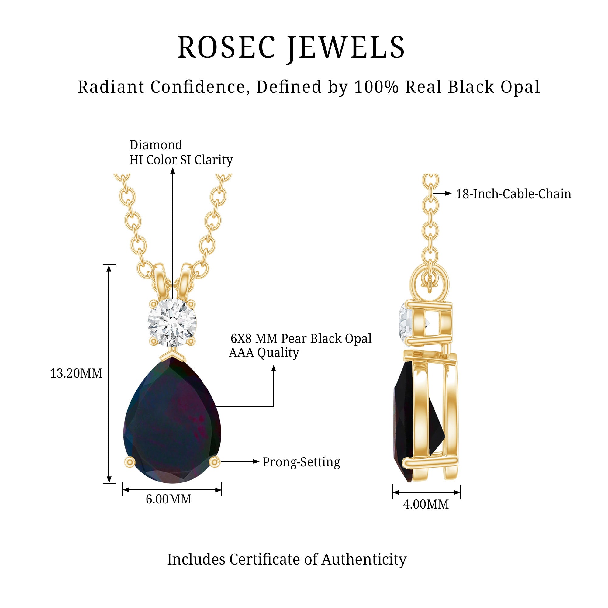 Pear Shaped Black Opal Drop Pendant with Diamond AAA - Rosec Jewels