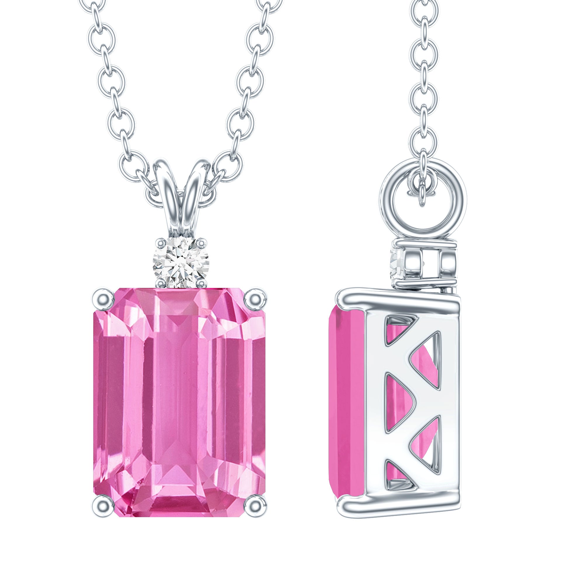 Emerald Cut 1.75 Carat Lab Grown Pink Sapphire Solitaire Necklace with Diamond AAAA 92.5 Sterling Silver - Rosec Jewels