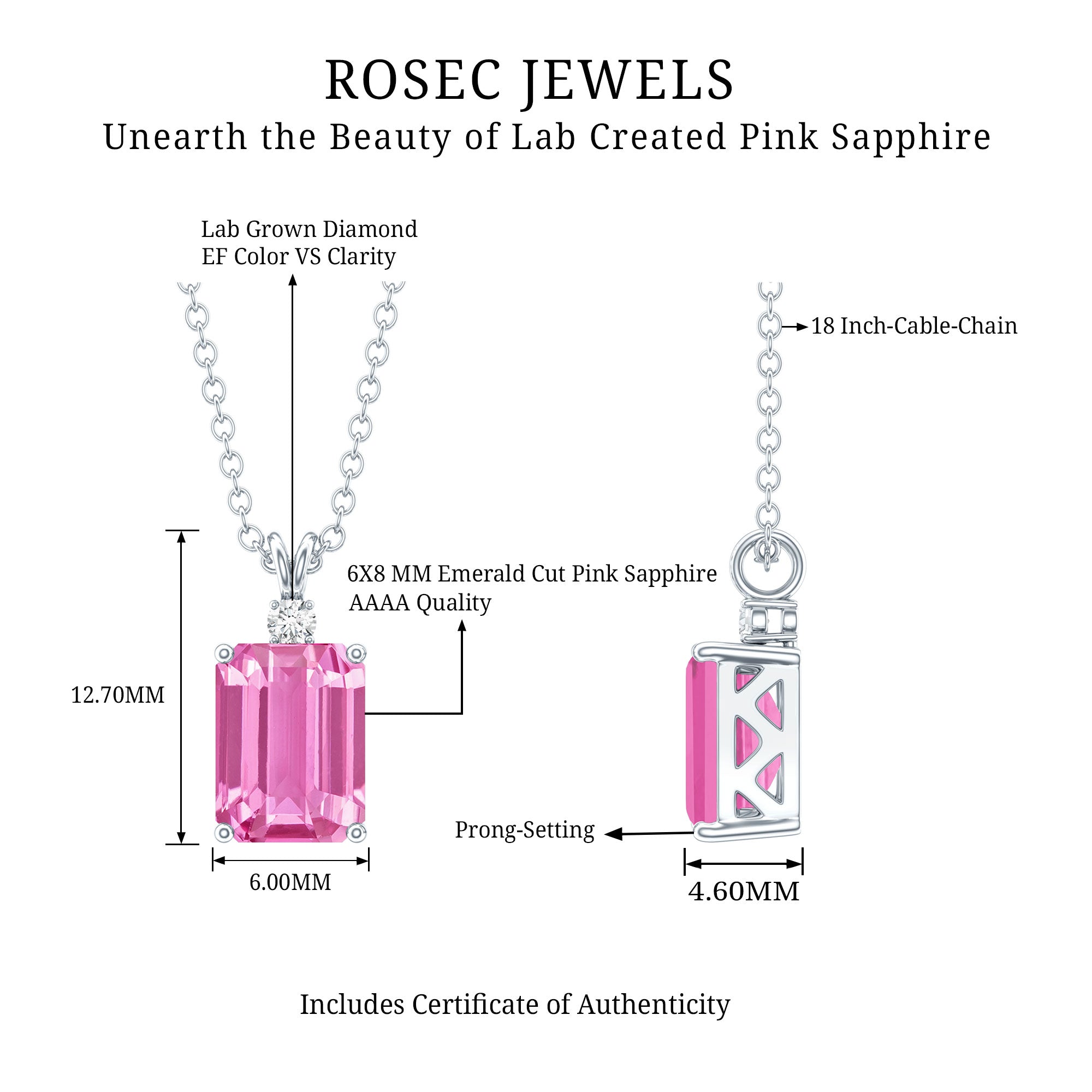 Emerald Cut 1.75 Carat Lab Grown Pink Sapphire Solitaire Necklace with Diamond AAAA 92.5 Sterling Silver - Rosec Jewels