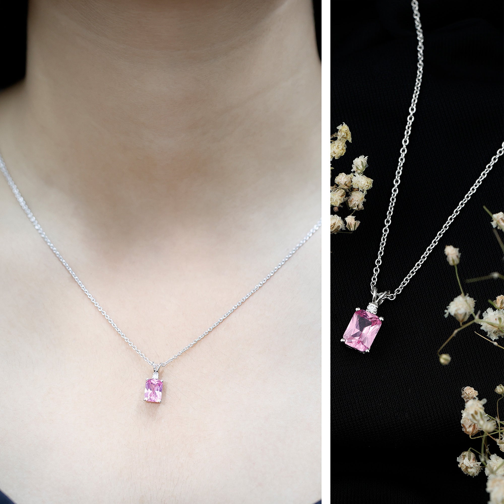 Emerald Cut 1.75 Carat Lab Grown Pink Sapphire Solitaire Necklace with Diamond AAAA 92.5 Sterling Silver - Rosec Jewels