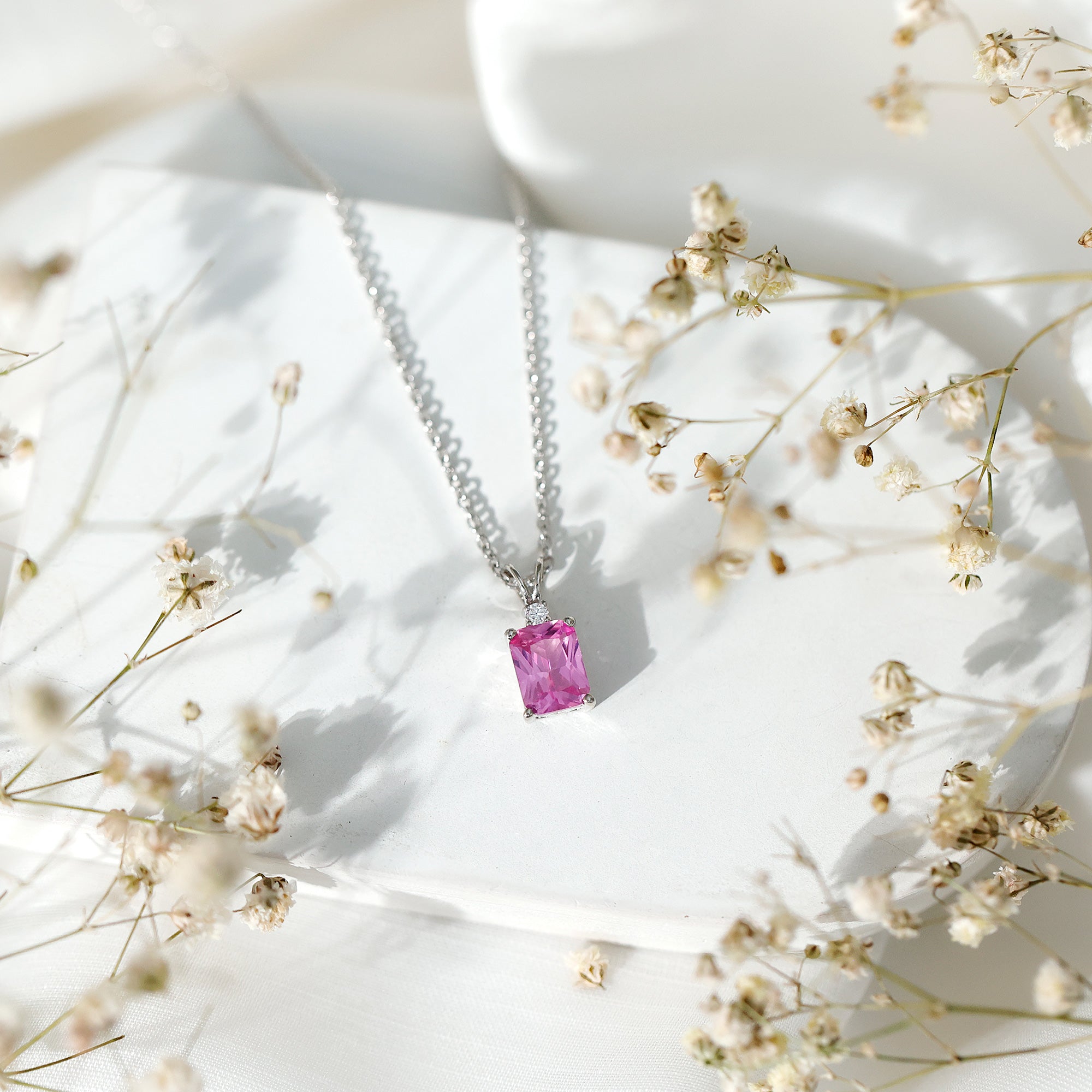 Emerald Cut 1.75 Carat Lab Grown Pink Sapphire Solitaire Necklace with Diamond AAAA 92.5 Sterling Silver - Rosec Jewels