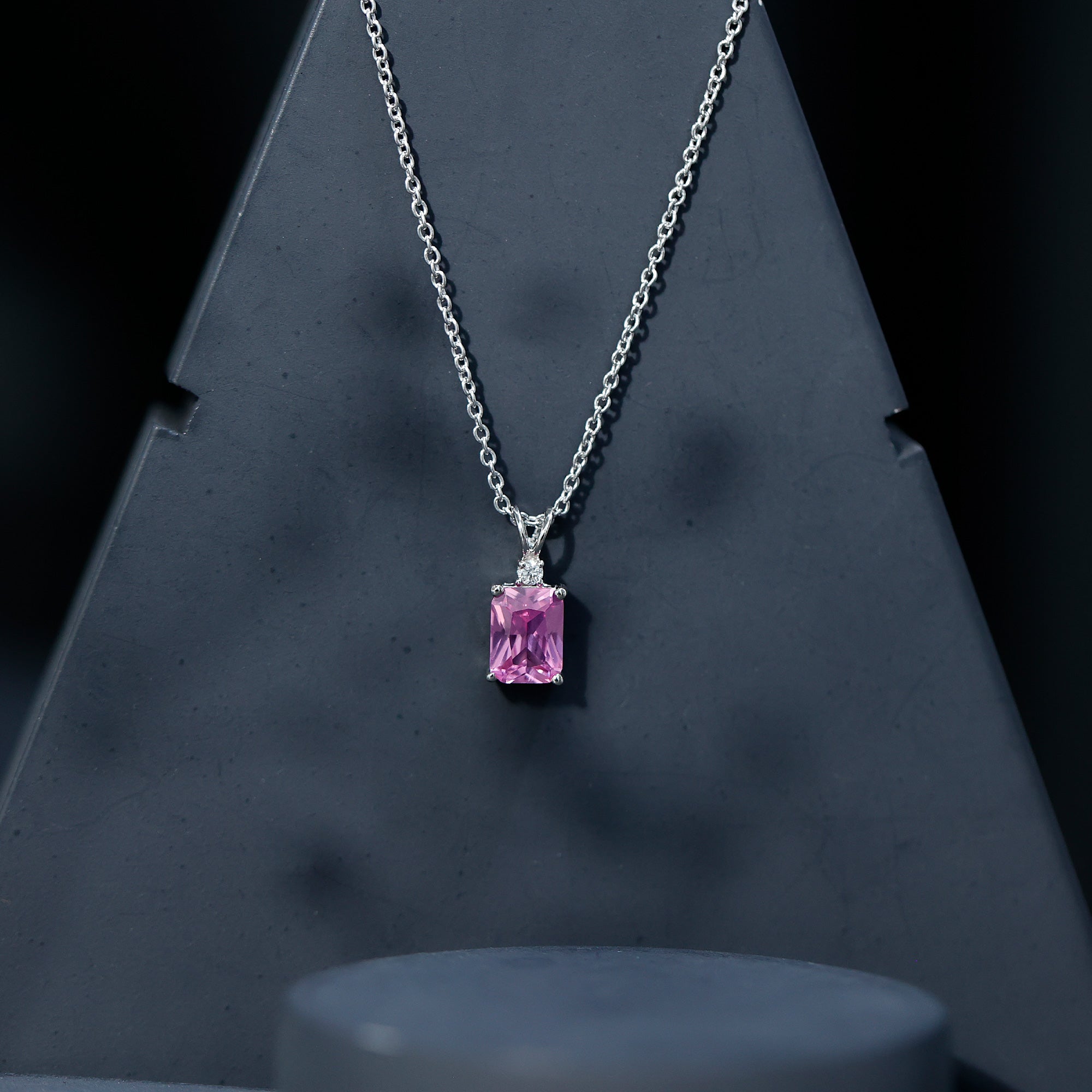 Emerald Cut 1.75 Carat Lab Grown Pink Sapphire Solitaire Necklace with Diamond AAAA 92.5 Sterling Silver - Rosec Jewels