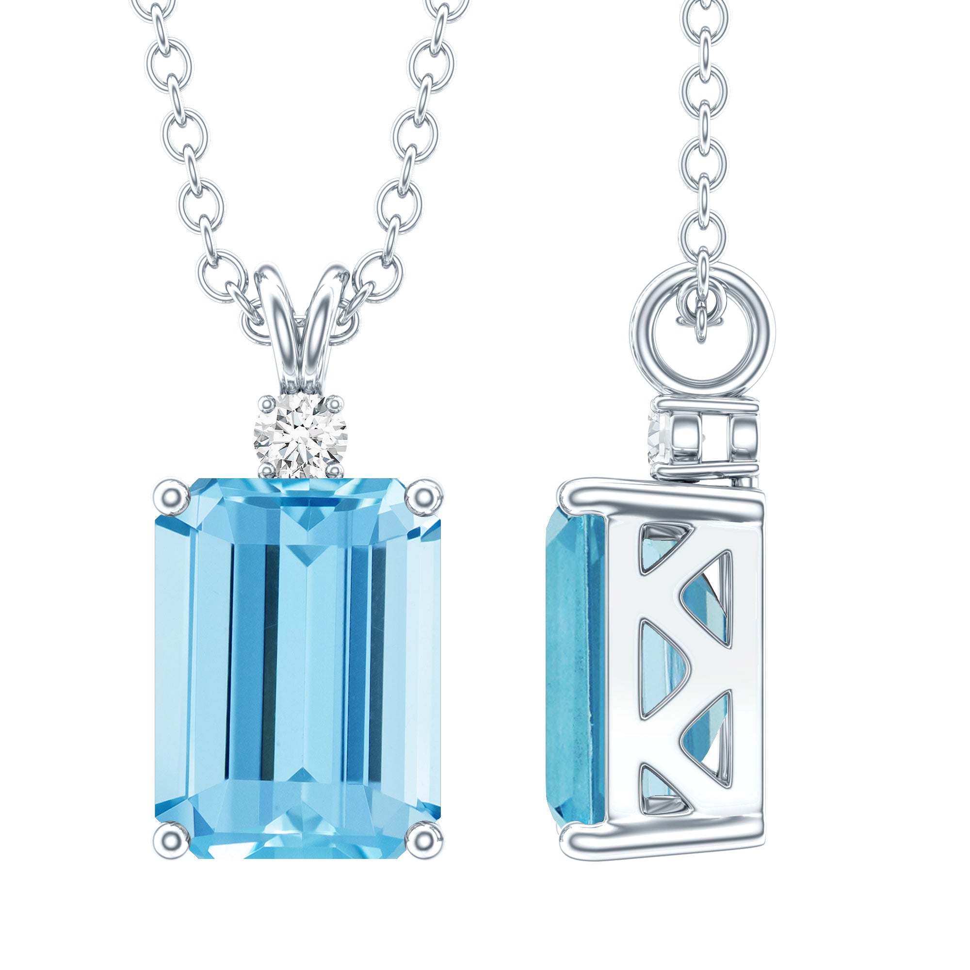 Natural 1.8 Carat Emerald Cut Aquamarine Necklace with Silver Chain AAA 92.5 Sterling Silver - Rosec Jewels