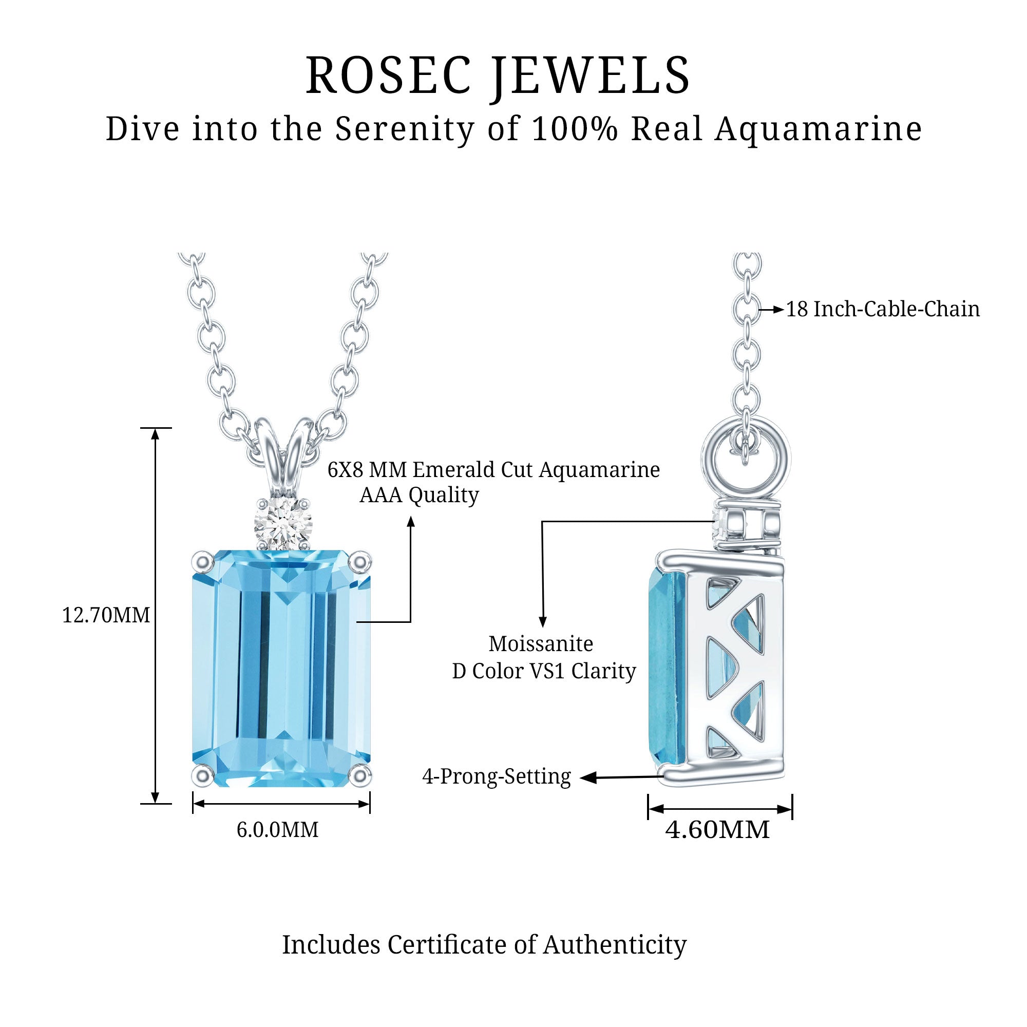 Natural 1.8 Carat Emerald Cut Aquamarine Necklace with Silver Chain AAA 92.5 Sterling Silver - Rosec Jewels