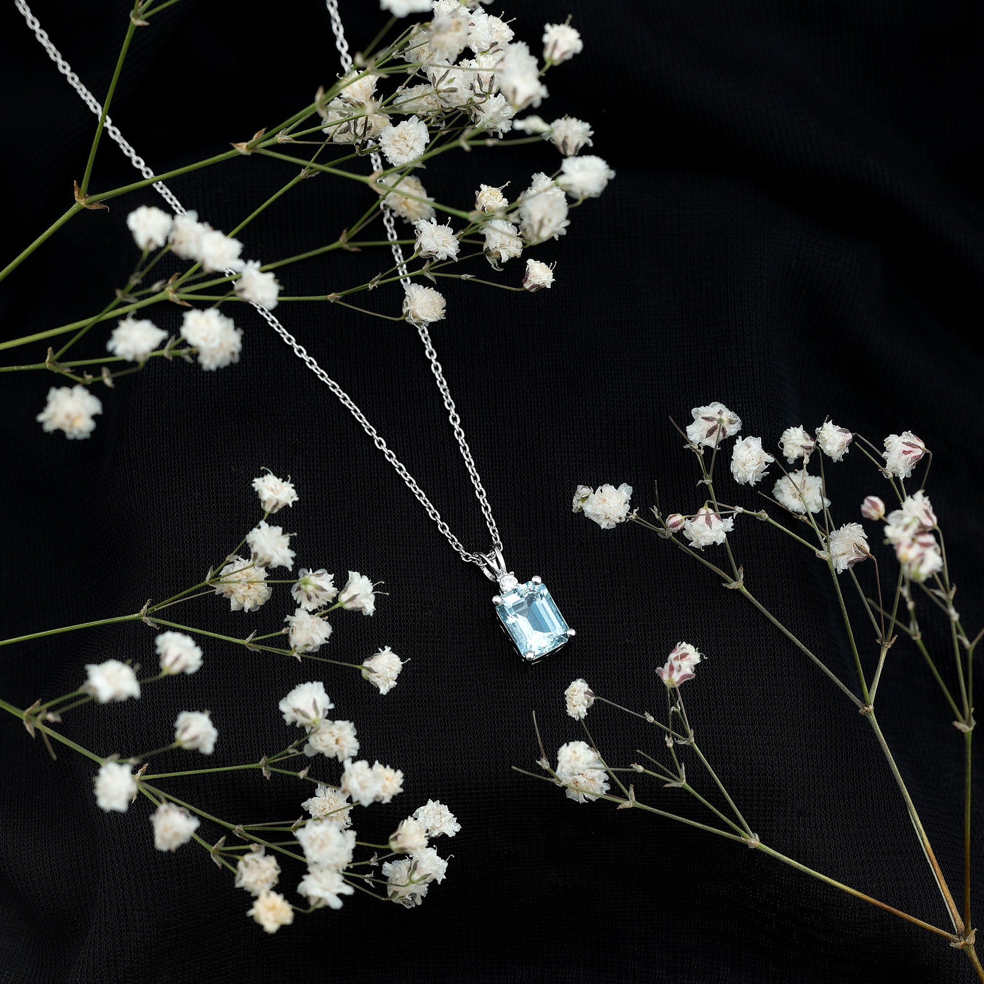 Natural 1.8 Carat Emerald Cut Aquamarine Necklace with Silver Chain AAA 92.5 Sterling Silver - Rosec Jewels
