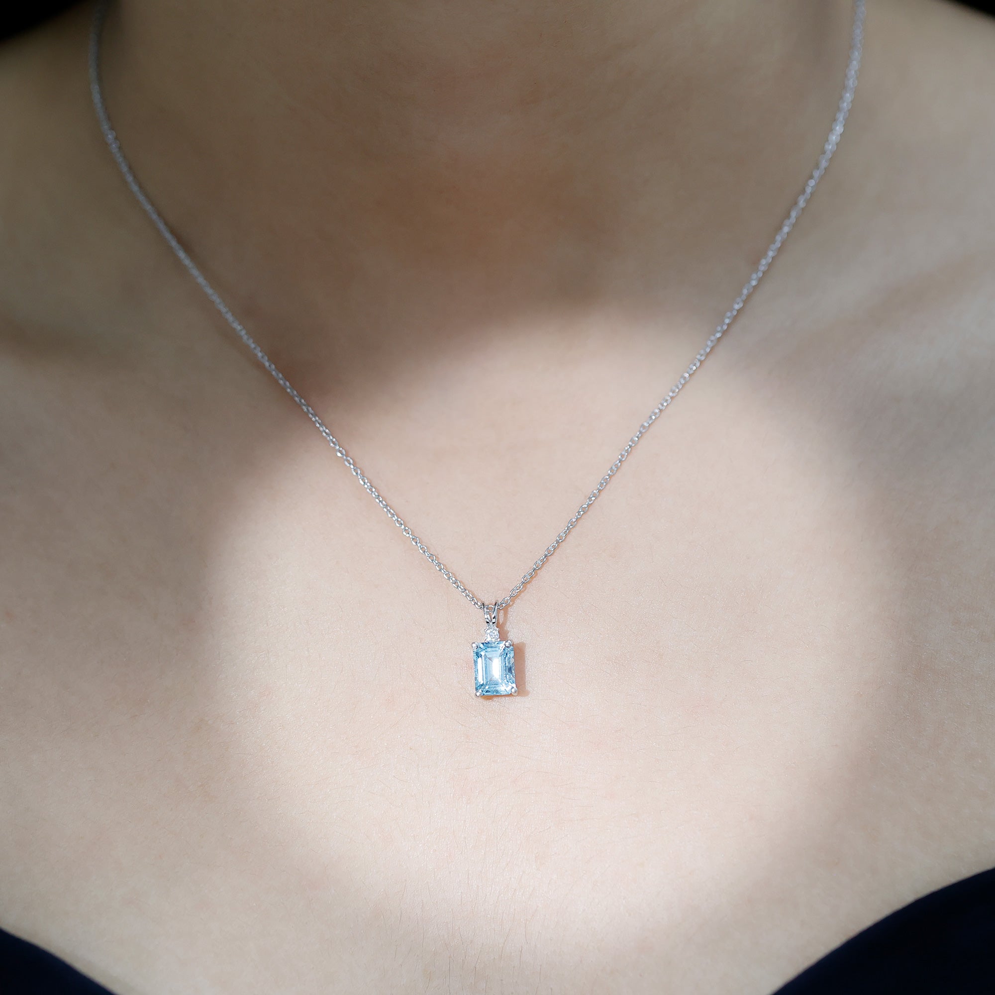 Natural 1.8 Carat Emerald Cut Aquamarine Necklace with Silver Chain AAA 92.5 Sterling Silver - Rosec Jewels