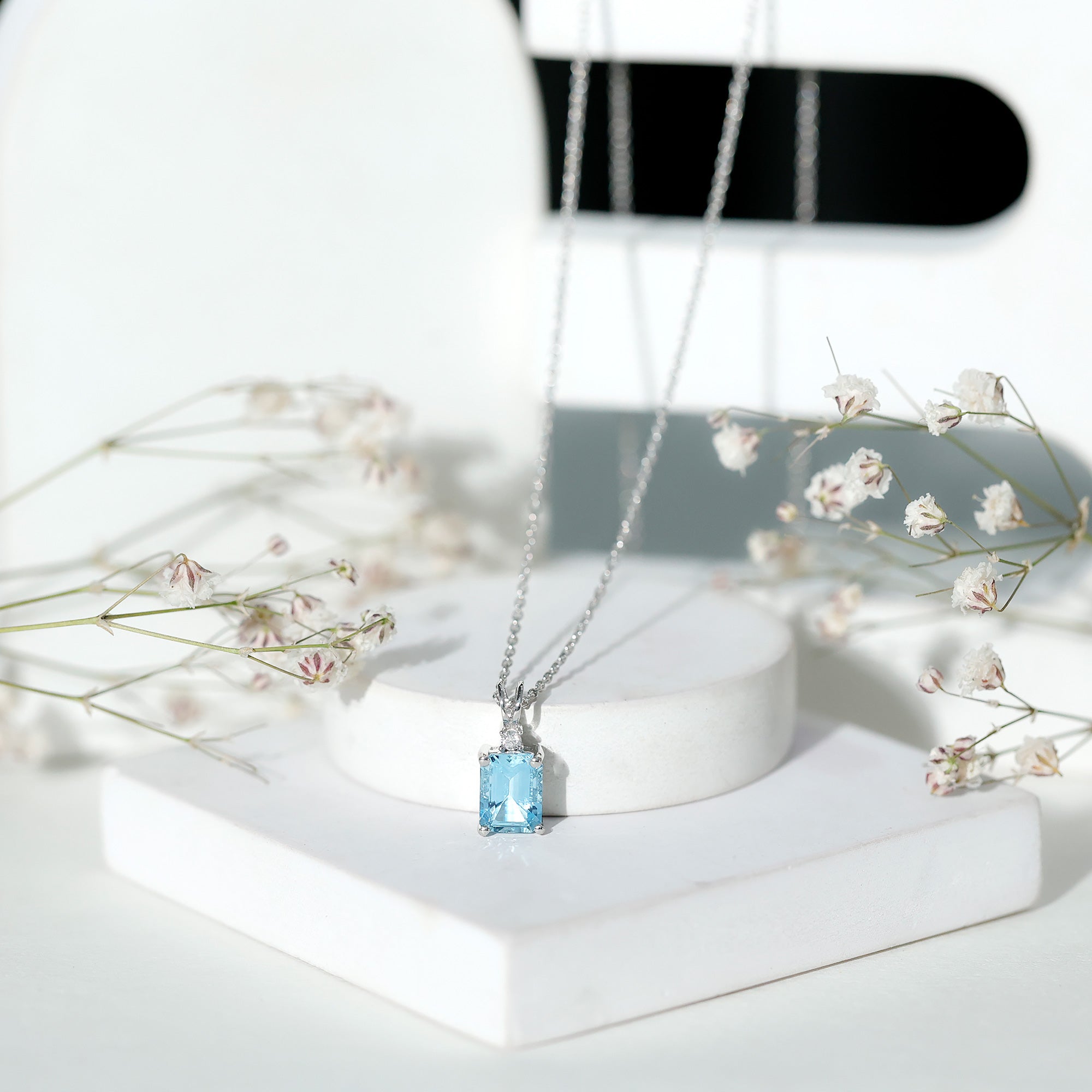 Natural 1.8 Carat Emerald Cut Aquamarine Necklace with Silver Chain AAA 92.5 Sterling Silver - Rosec Jewels