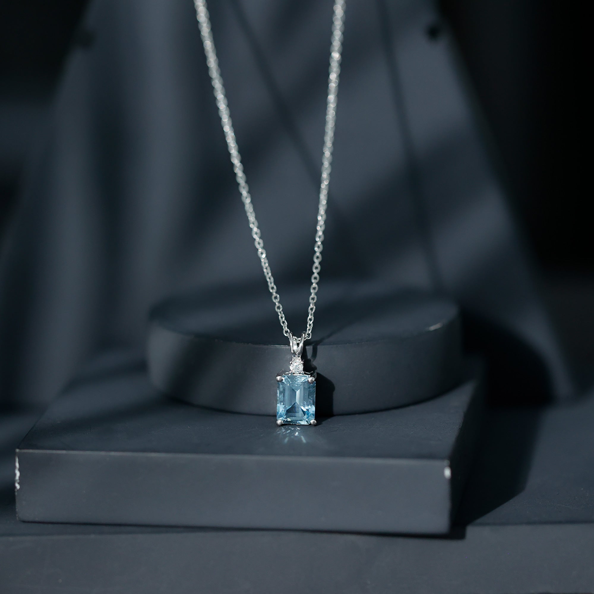 Natural 1.8 Carat Emerald Cut Aquamarine Necklace with Silver Chain AAA 92.5 Sterling Silver - Rosec Jewels