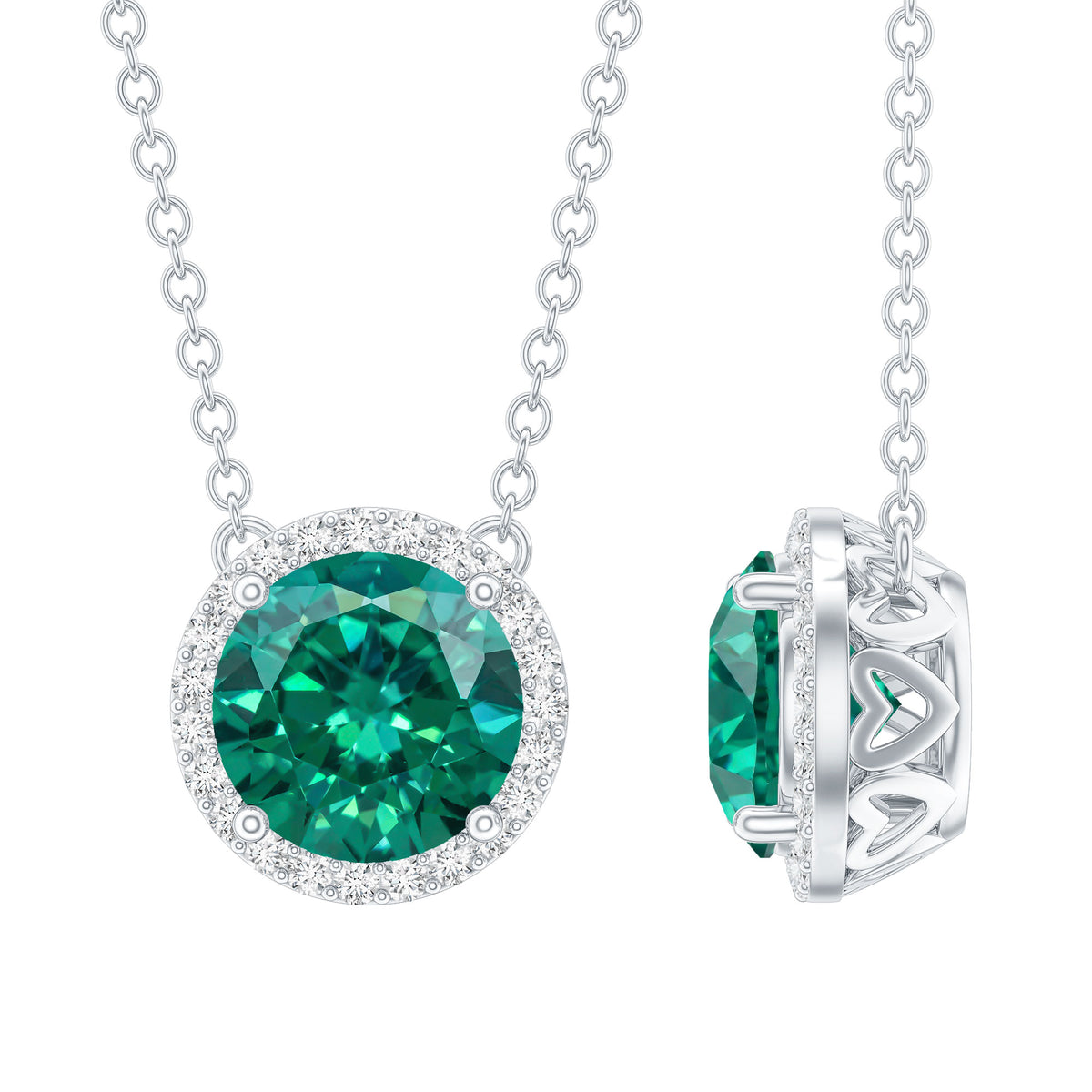 2 Carat Round Lab Created Emerald and Diamond Halo Necklace AAAA - Rosec Jewels