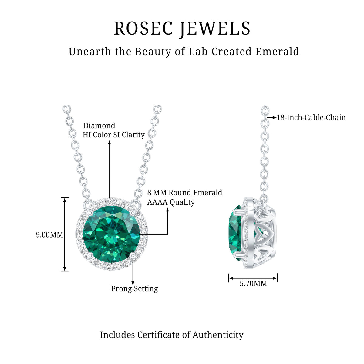2 Carat Round Lab Created Emerald and Diamond Halo Necklace AAAA - Rosec Jewels