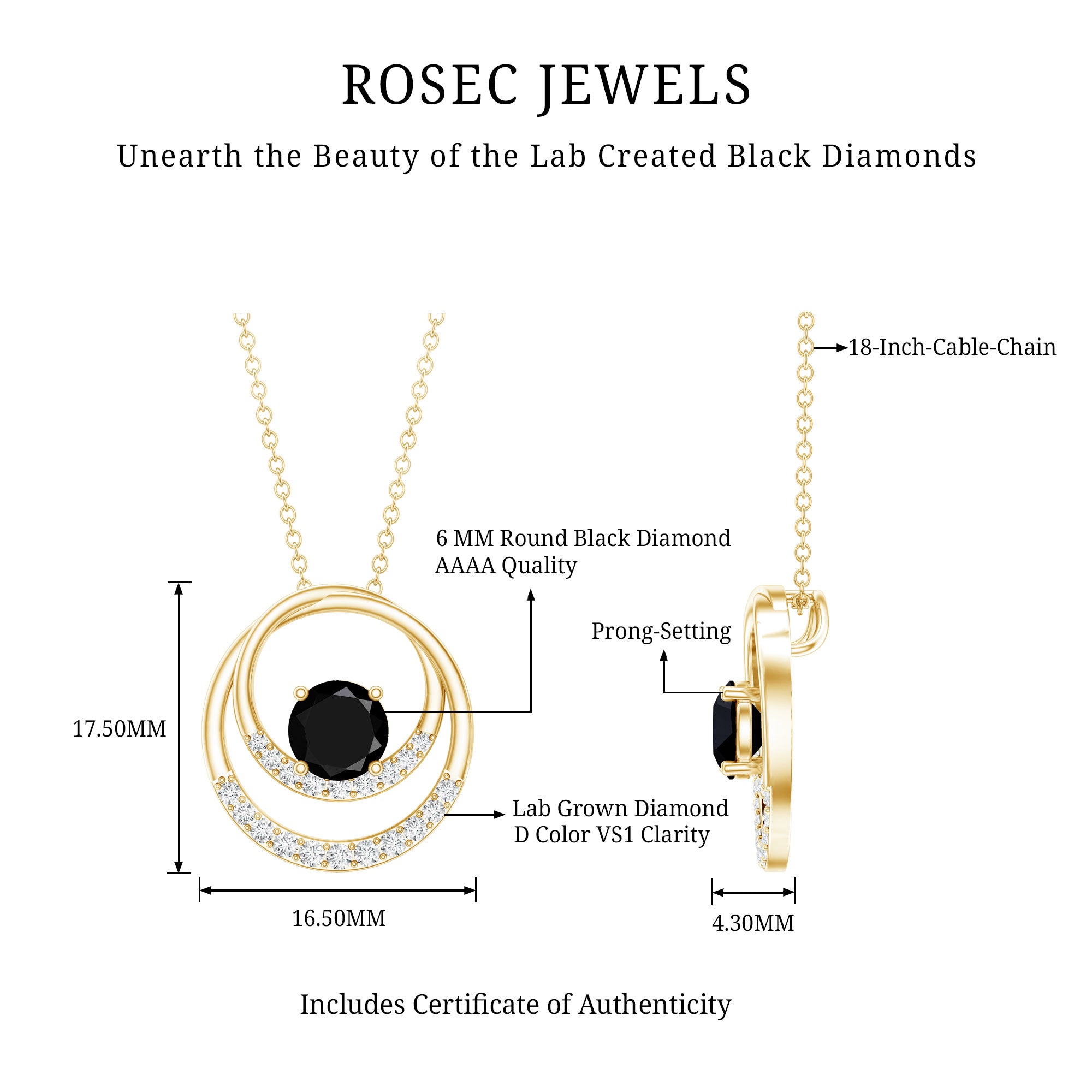 Lab Created Black and White Diamond Circle Necklace With Silver Chain AAAA ( Synthetic ) 14K Yellow Gold Plated Silver - Rosec Jewels