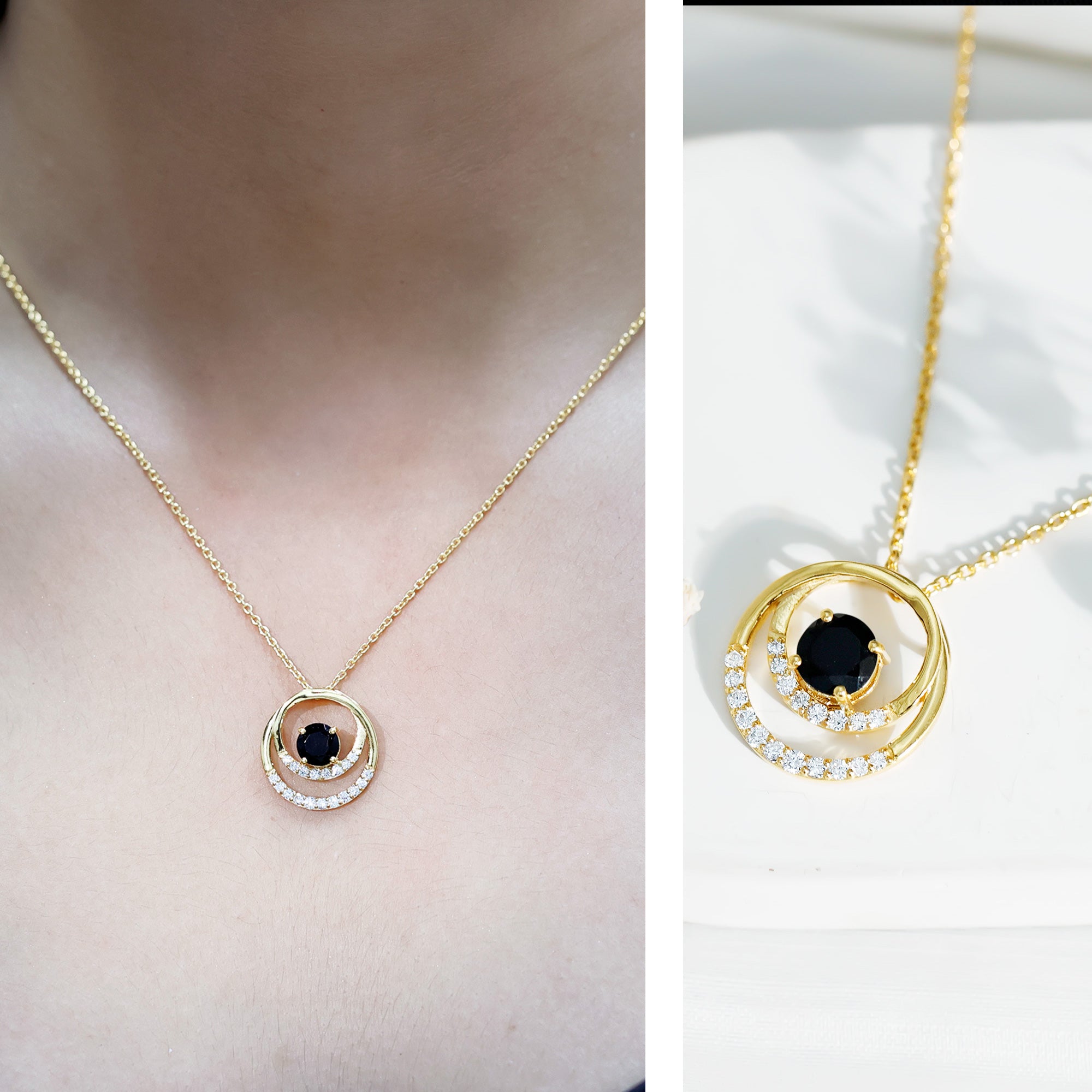 Lab Created Black and White Diamond Circle Necklace With Silver Chain AAAA ( Synthetic ) 14K Yellow Gold Plated Silver - Rosec Jewels