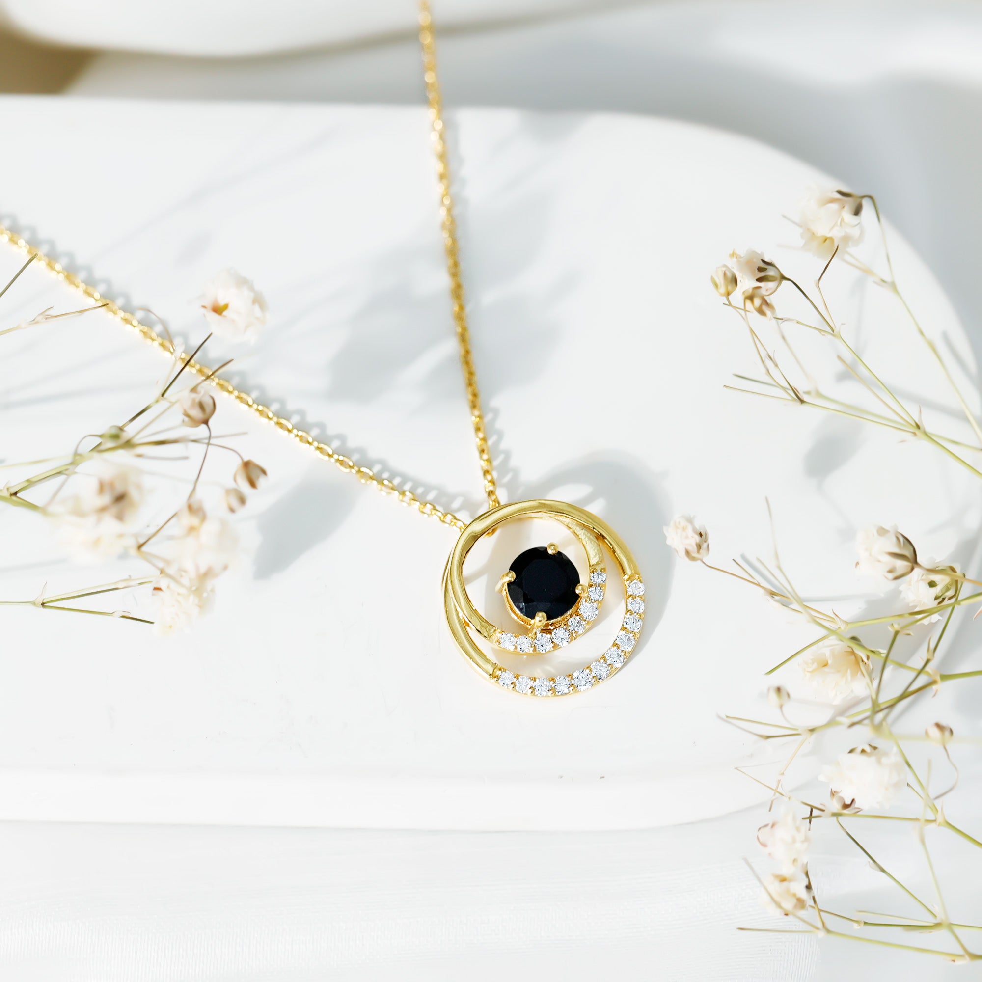 Lab Created Black and White Diamond Circle Necklace With Silver Chain AAAA ( Synthetic ) 14K Yellow Gold Plated Silver - Rosec Jewels